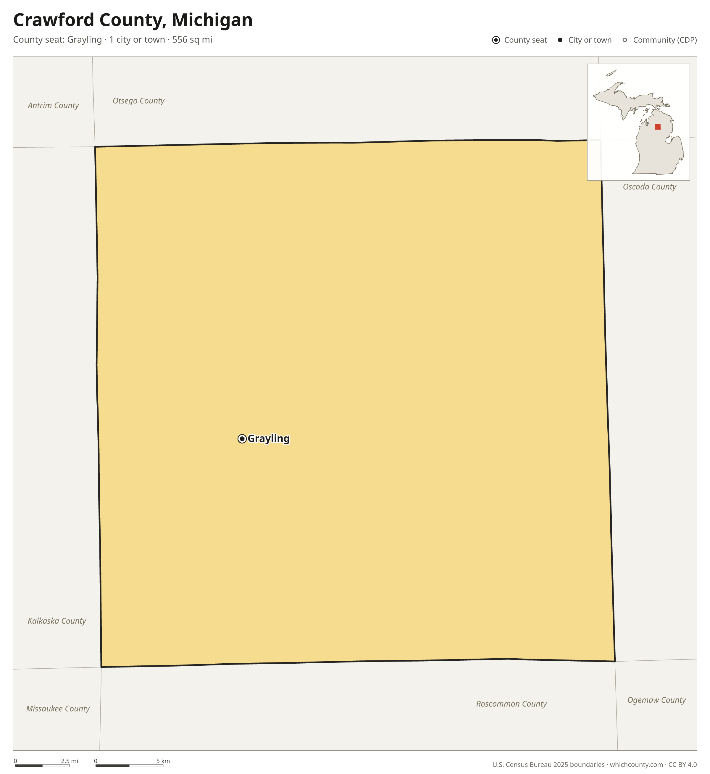 Map of Crawford County, Michigan with cities, towns and the county boundary