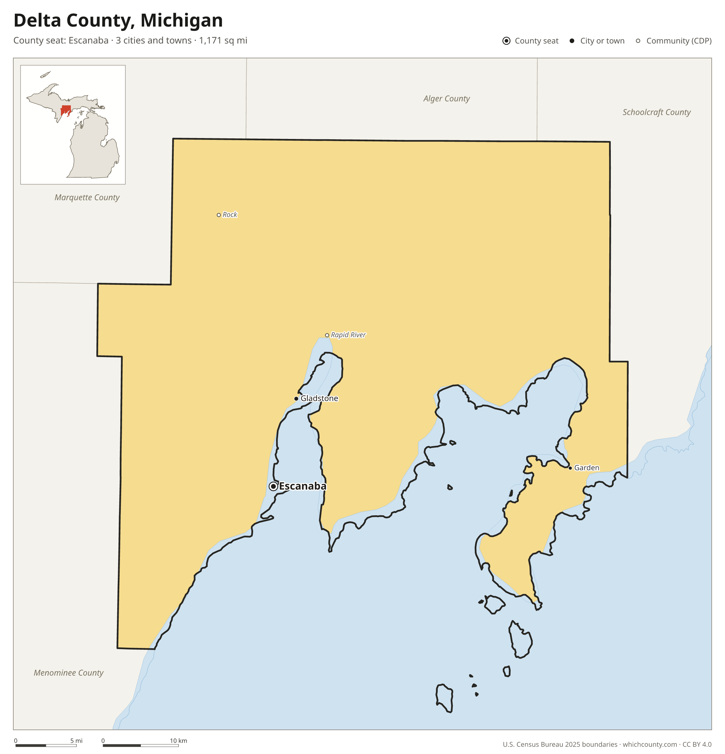 Map of Delta County, Michigan with cities, towns and the county boundary