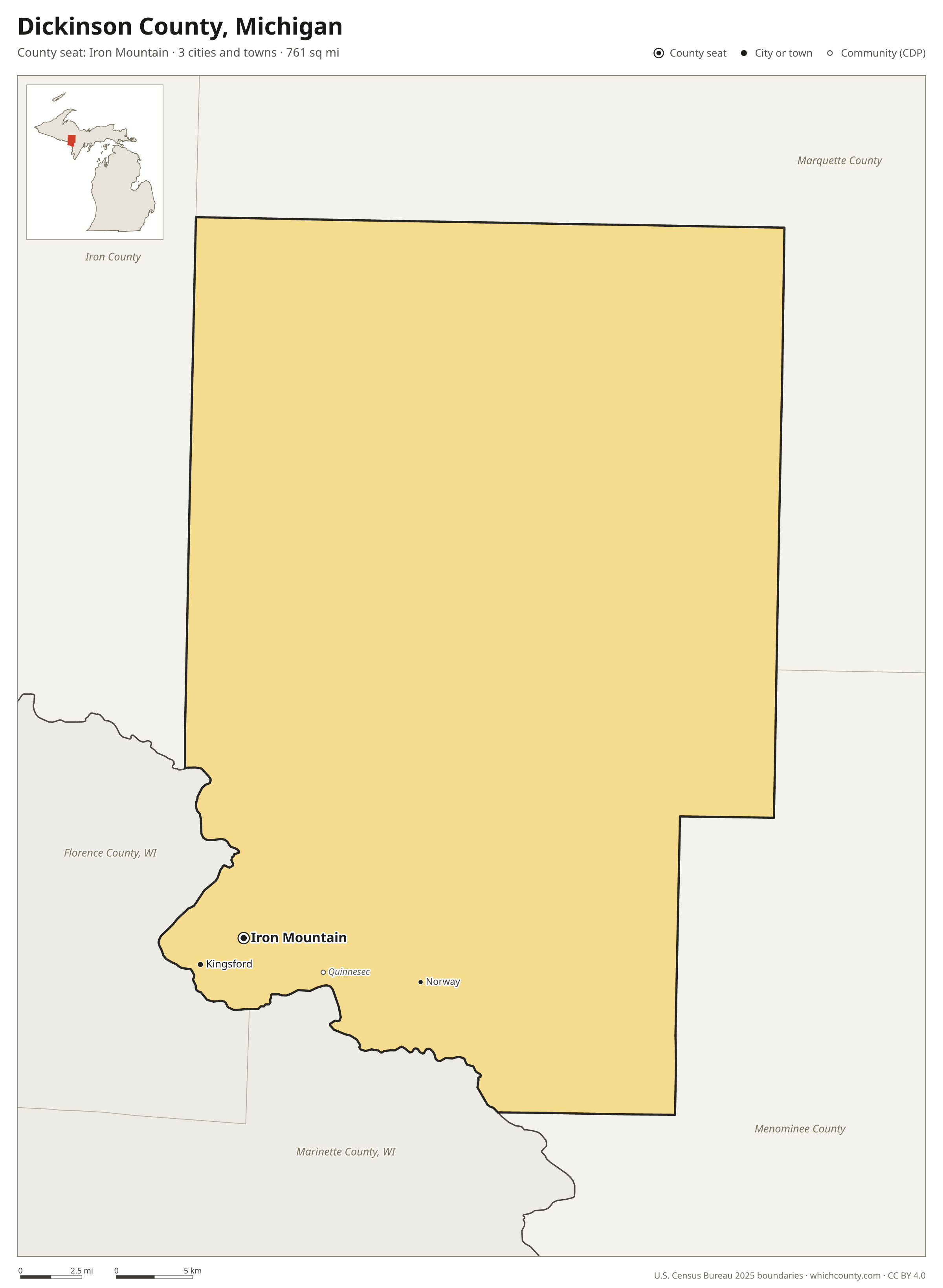 Map of Dickinson County, Michigan with cities, towns and the county boundary