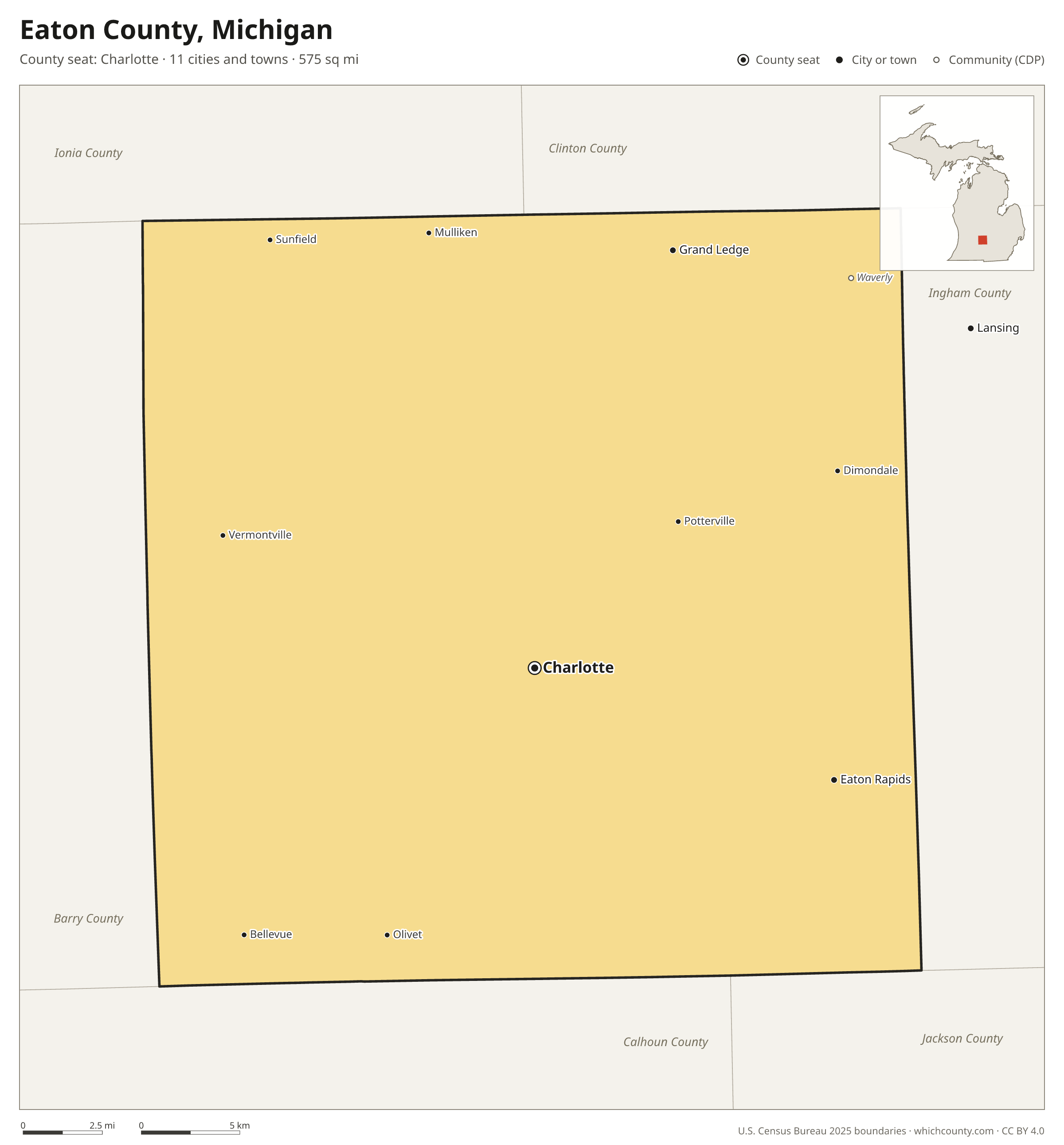 Map of Eaton County, Michigan with cities, towns and the county boundary