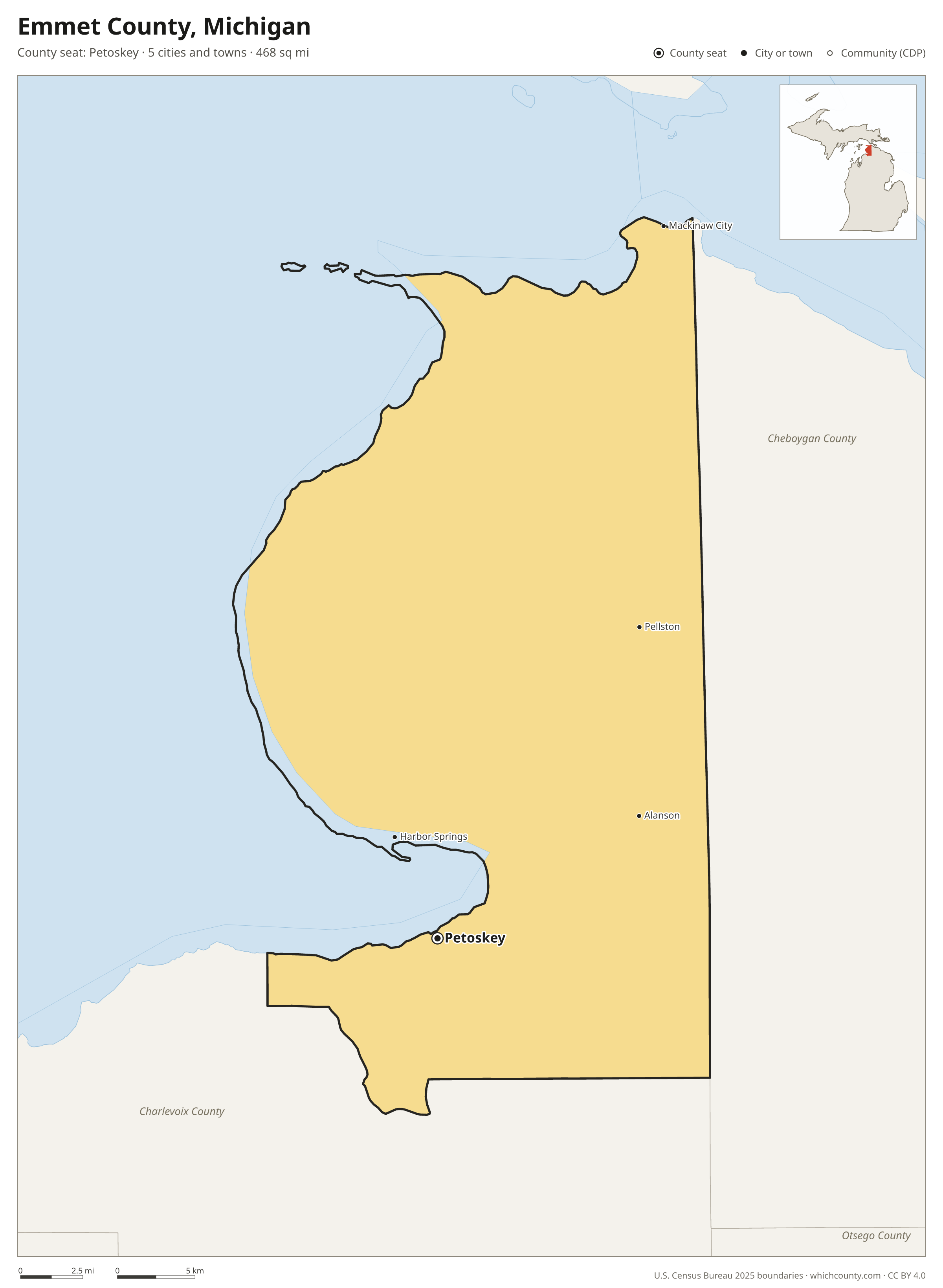 Map of Emmet County, Michigan with cities, towns and the county boundary