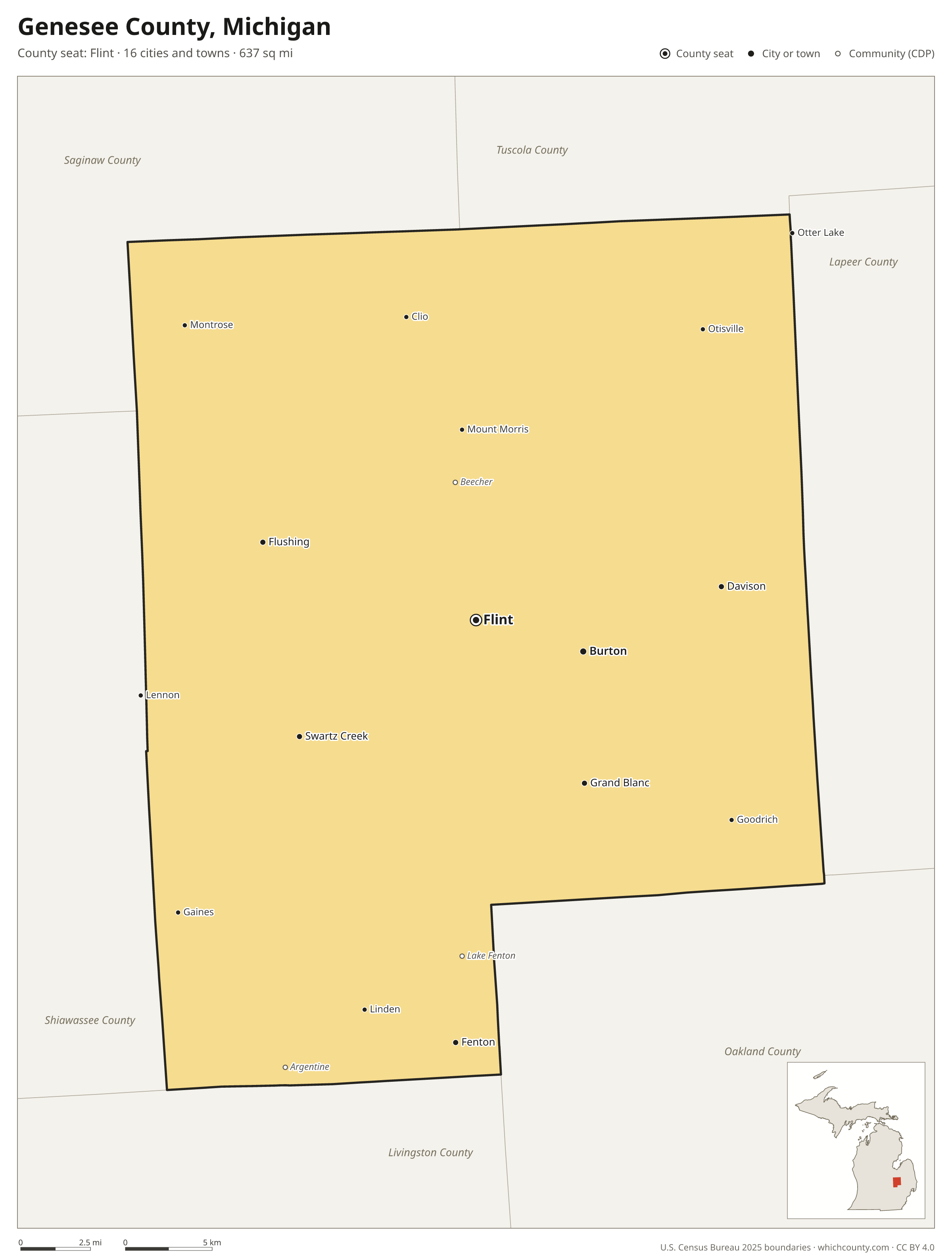 Map of Genesee County, Michigan with cities, towns and the county boundary