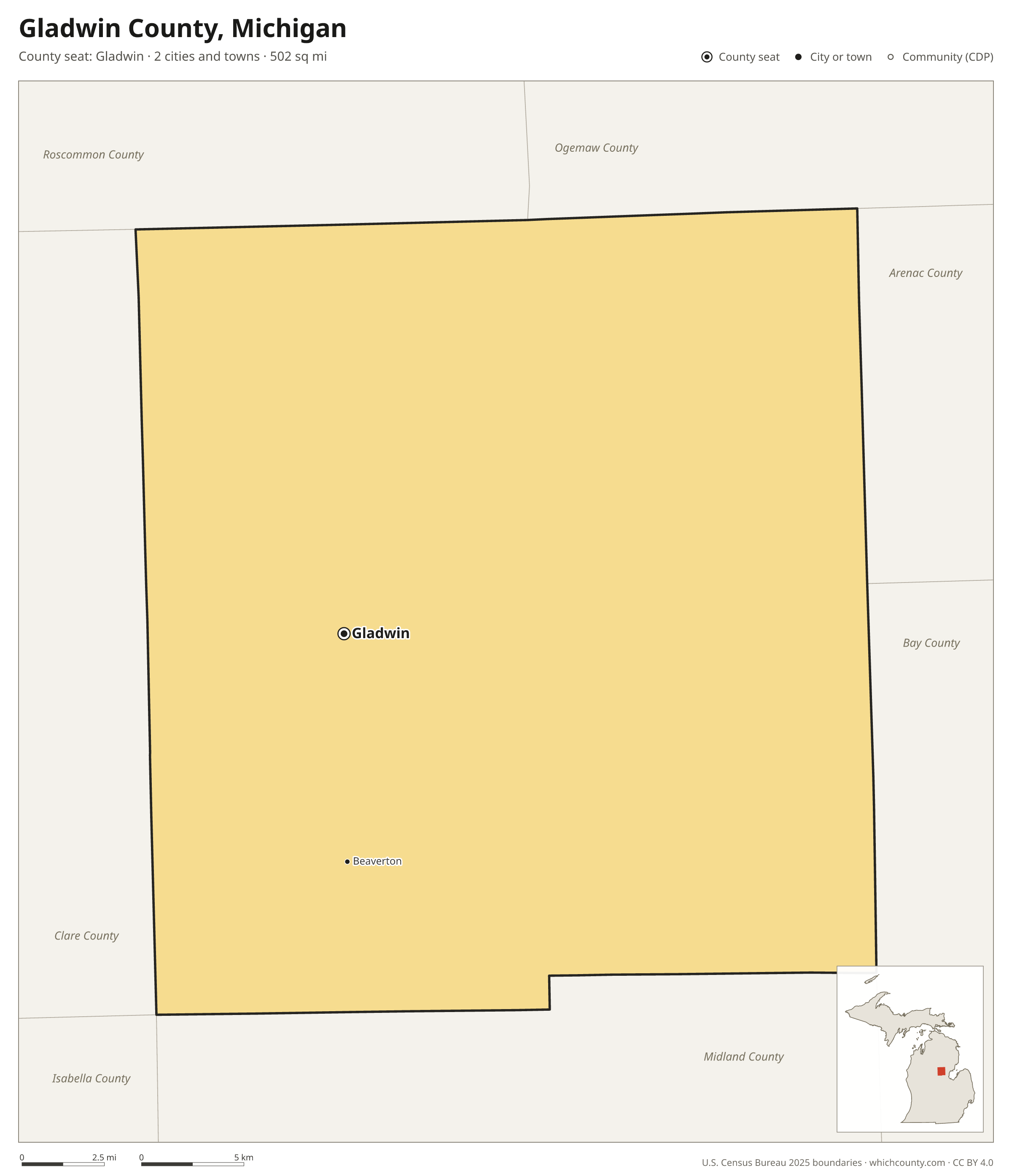 Map of Gladwin County, Michigan with cities, towns and the county boundary