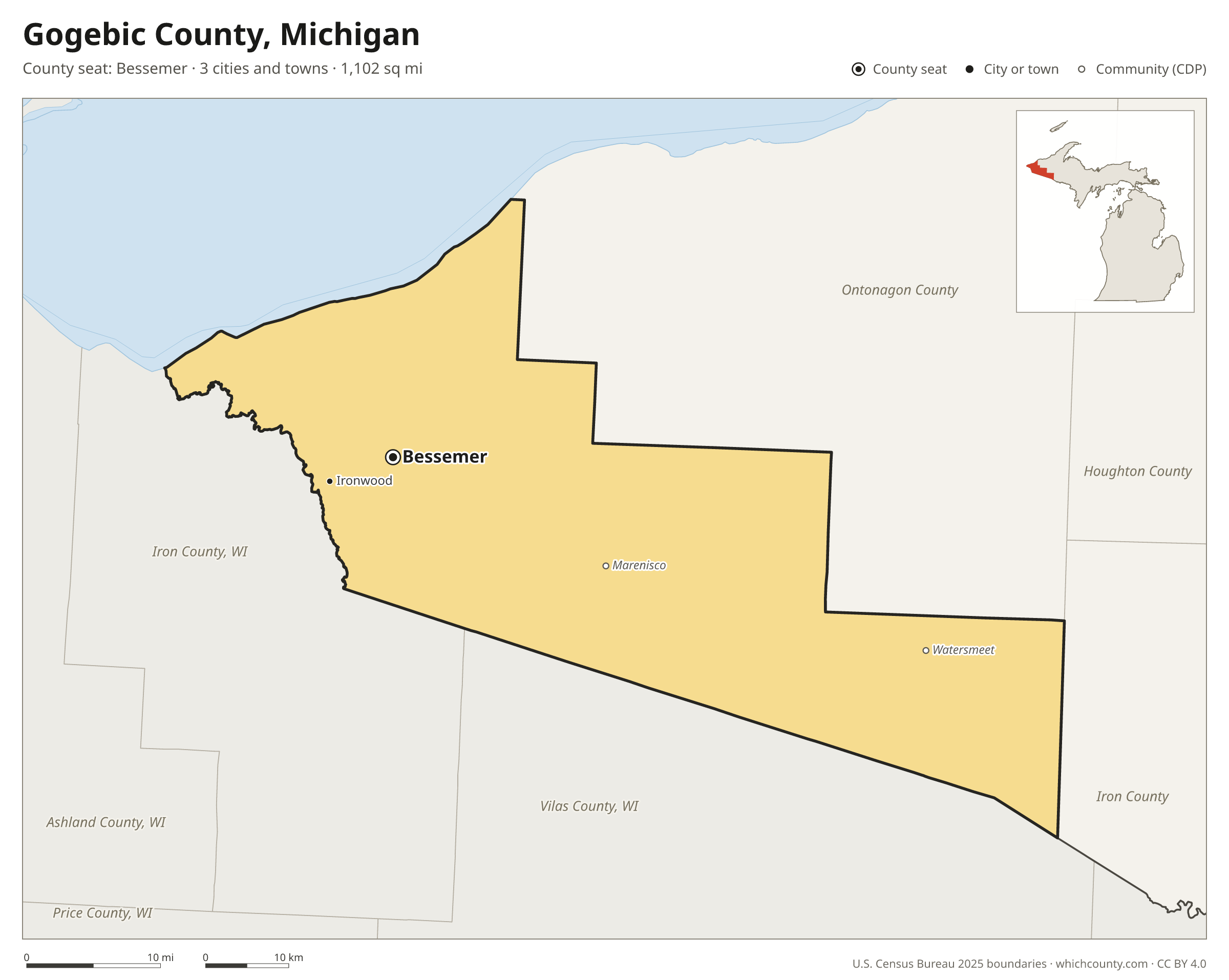 Map of Gogebic County, Michigan with cities, towns and the county boundary