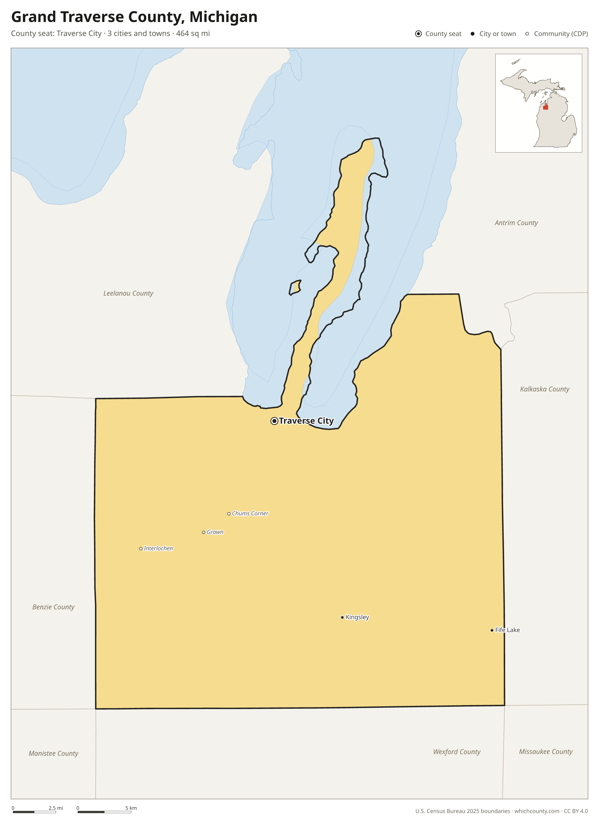 Map of Grand Traverse County, Michigan with cities, towns and the county boundary