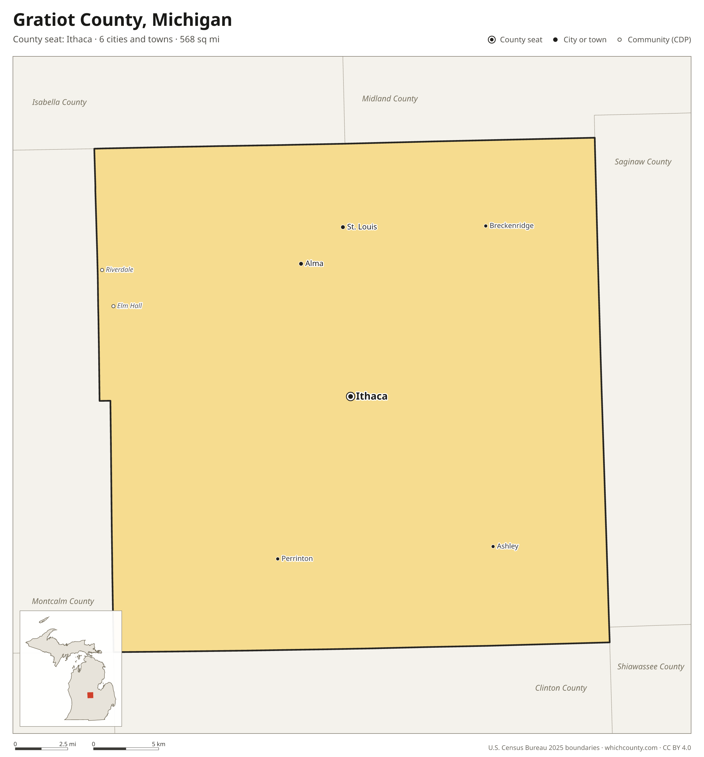 Map of Gratiot County, Michigan with cities, towns and the county boundary