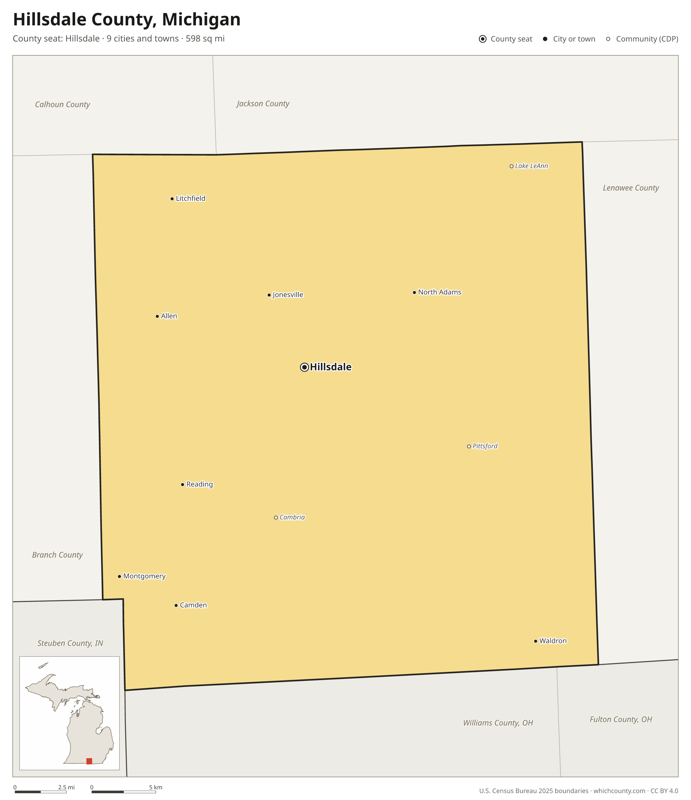 Map of Hillsdale County, Michigan with cities, towns and the county boundary