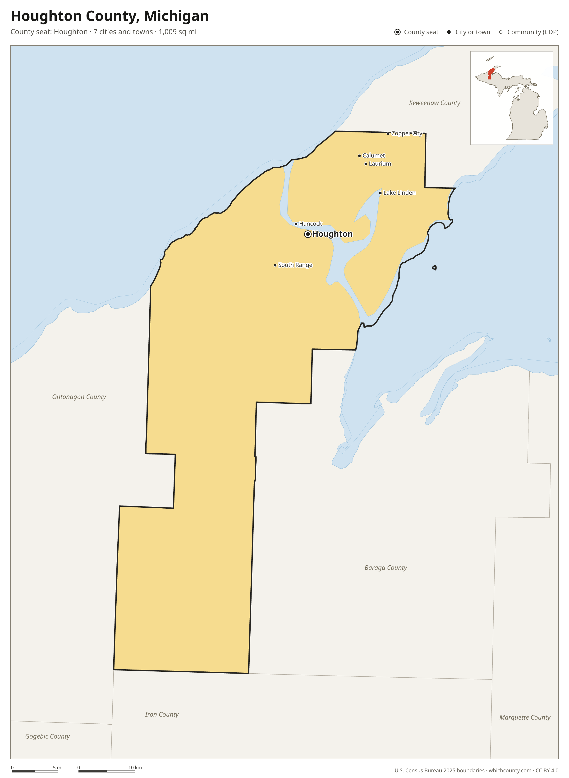 Map of Houghton County, Michigan with cities, towns and the county boundary