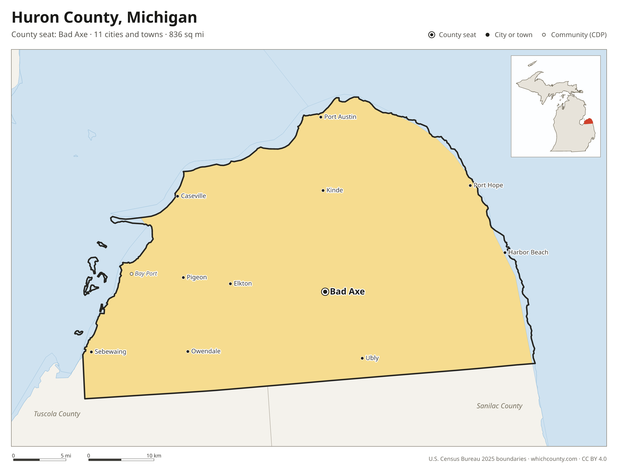 Map of Huron County, Michigan with cities, towns and the county boundary