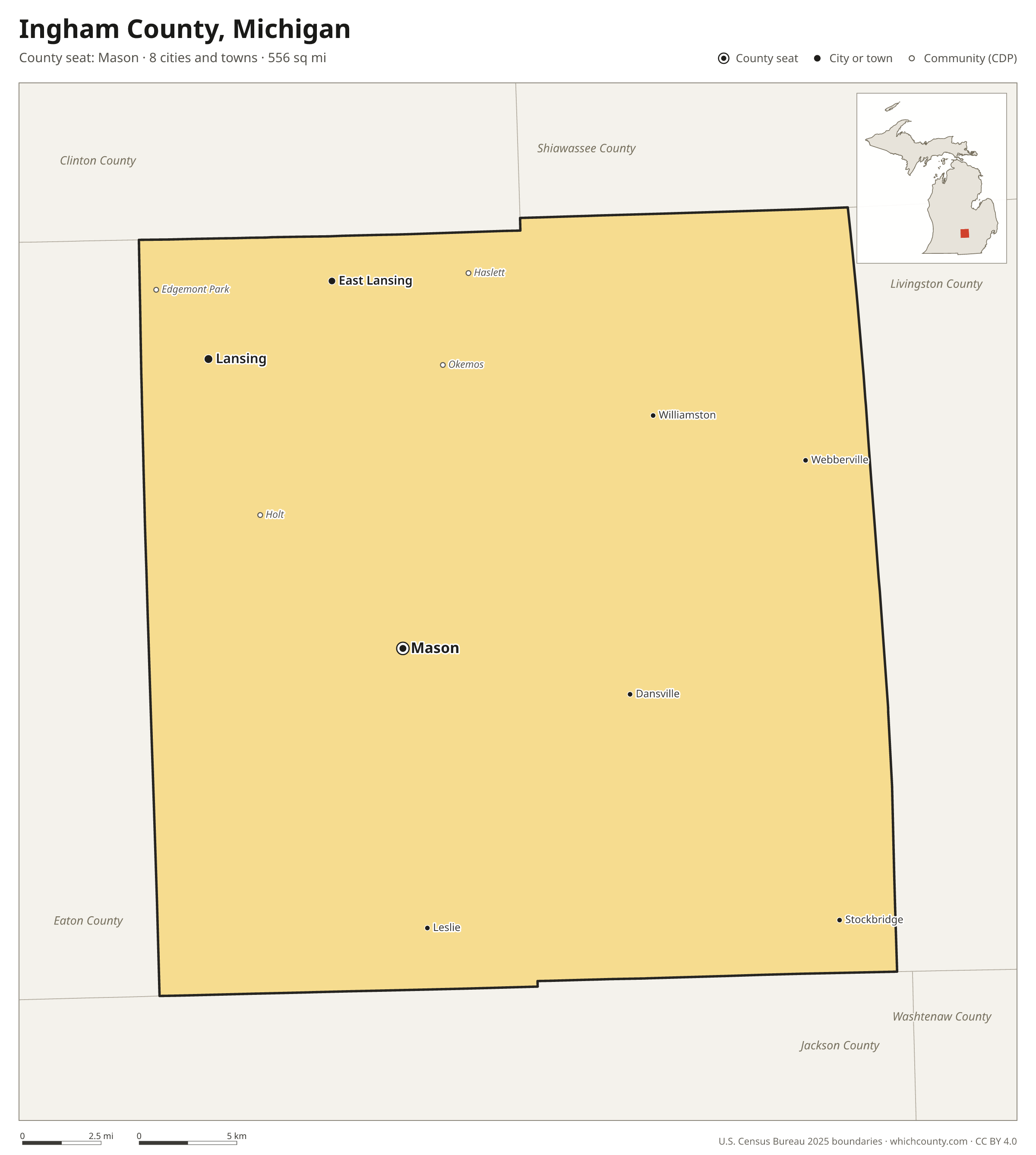 Map of Ingham County, Michigan with cities, towns and the county boundary