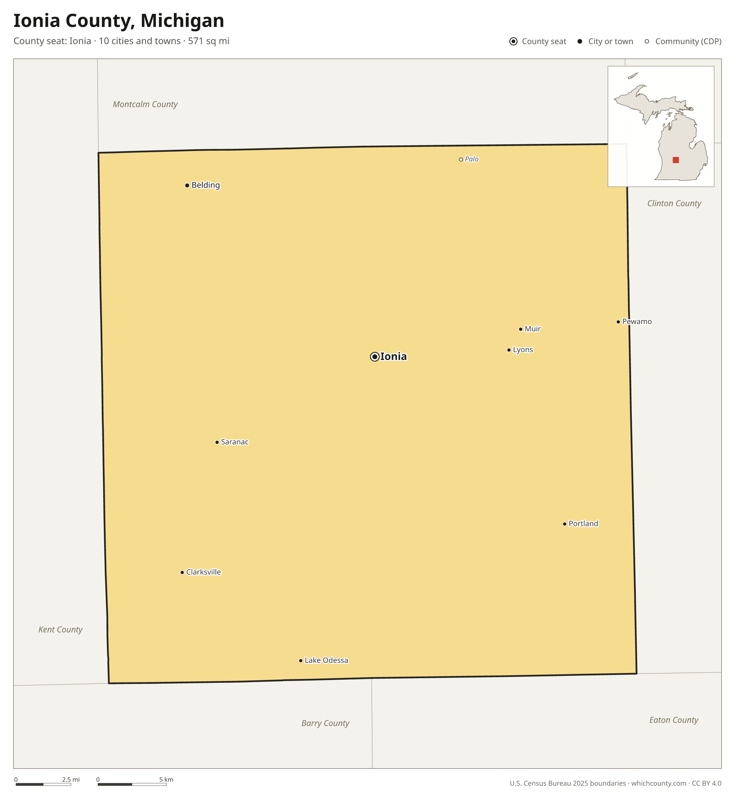 Map of Ionia County, Michigan with cities, towns and the county boundary