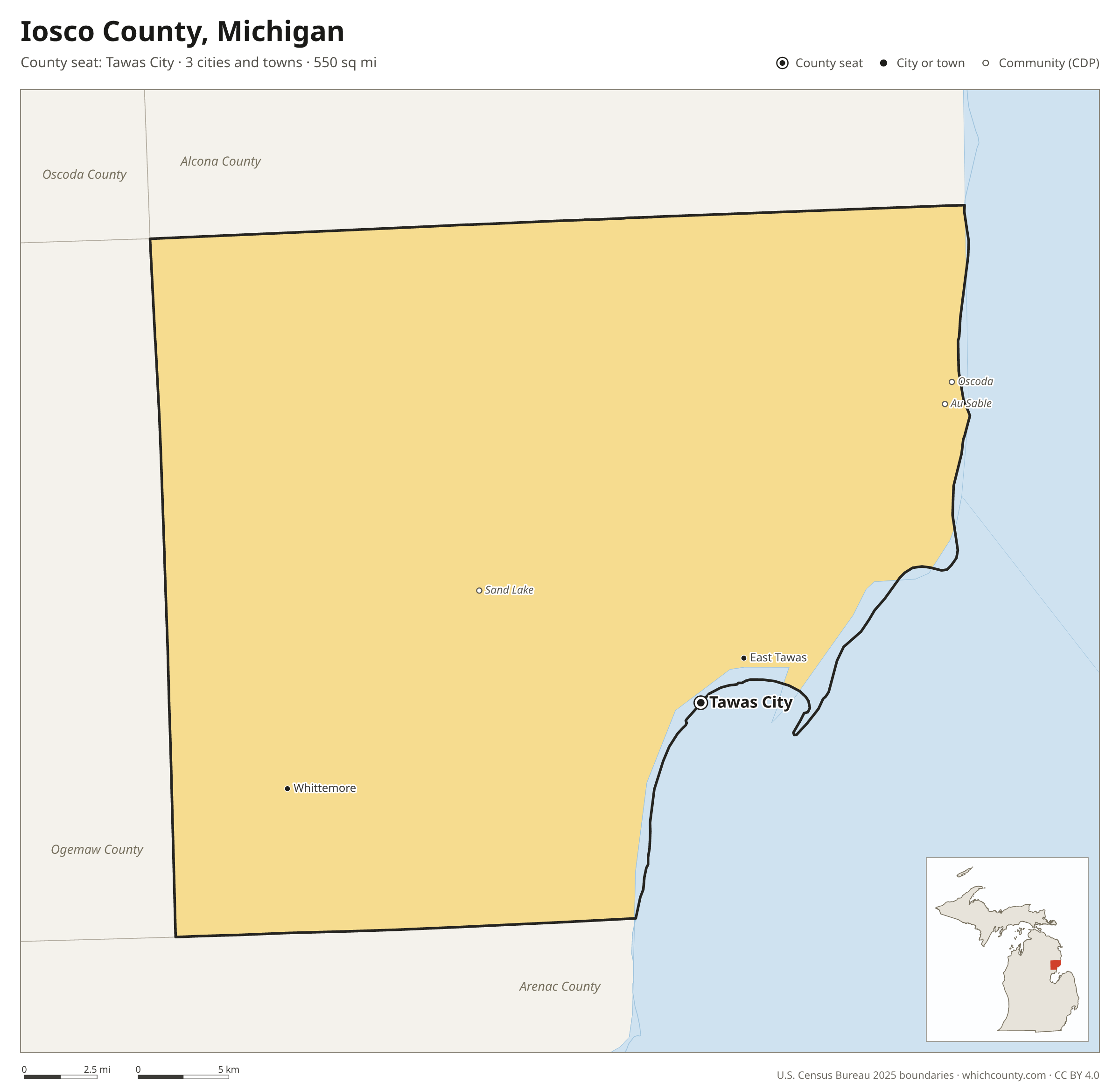 Map of Iosco County, Michigan with cities, towns and the county boundary