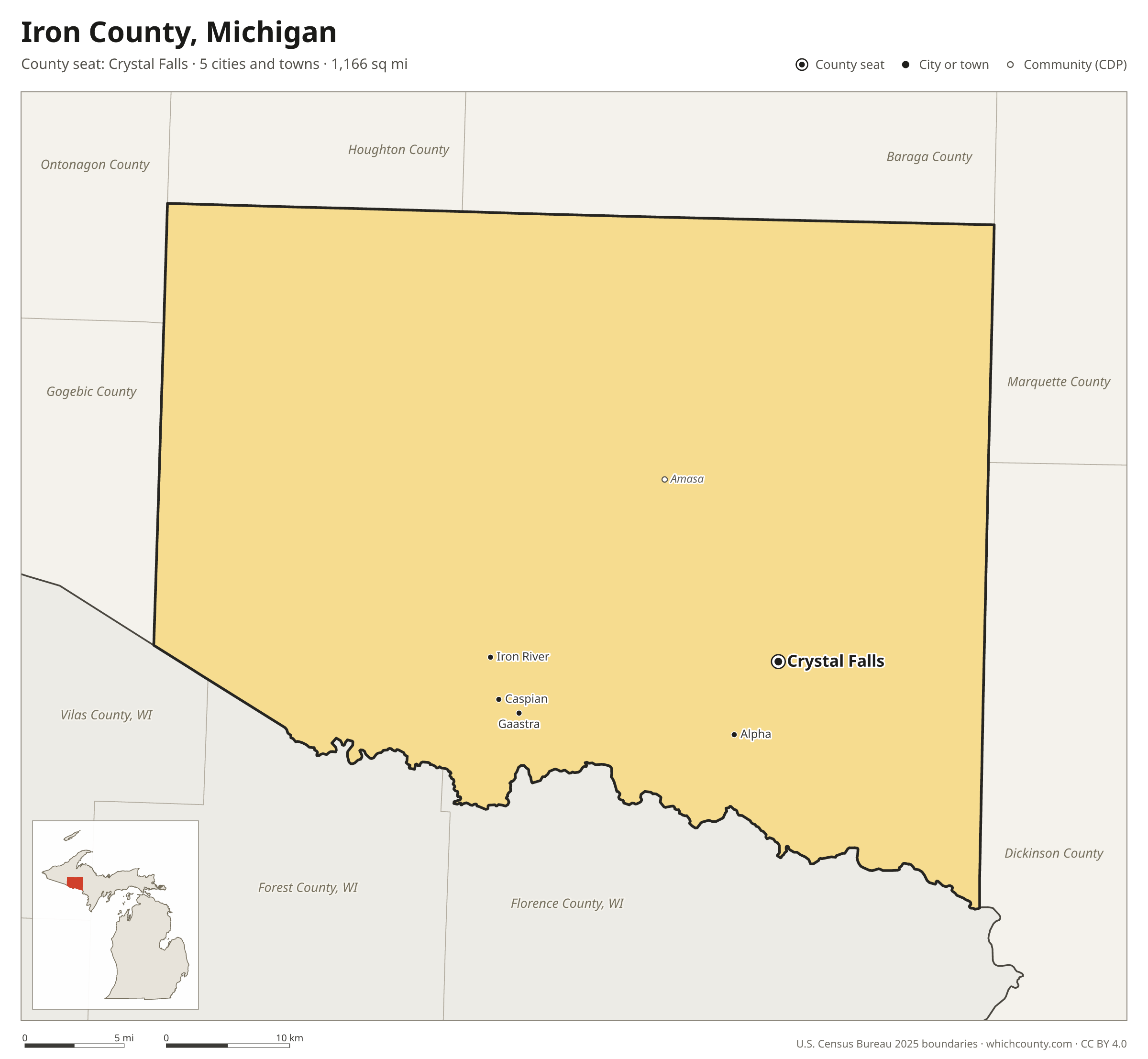 Map of Iron County, Michigan with cities, towns and the county boundary