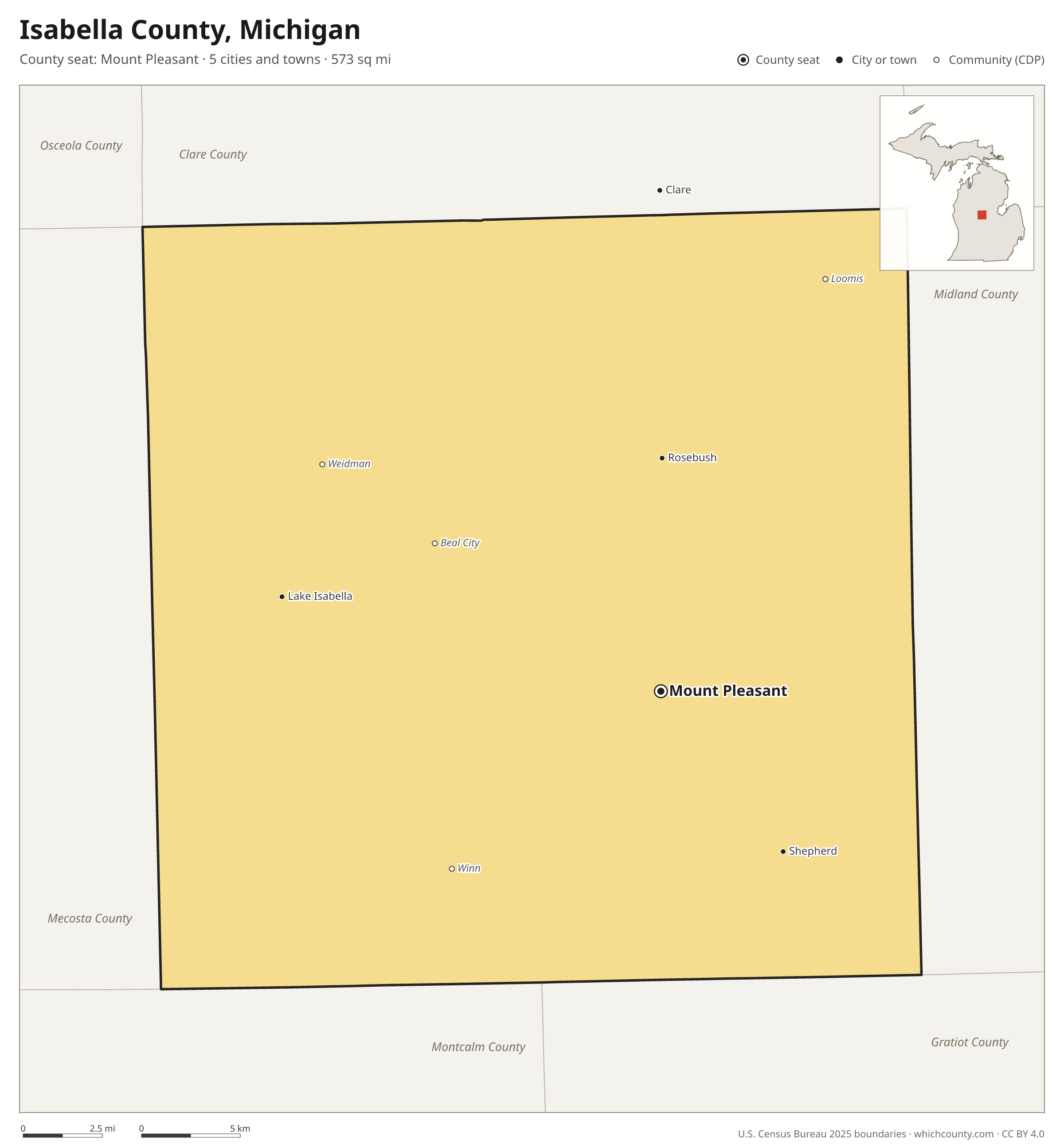 Map of Isabella County, Michigan with cities, towns and the county boundary