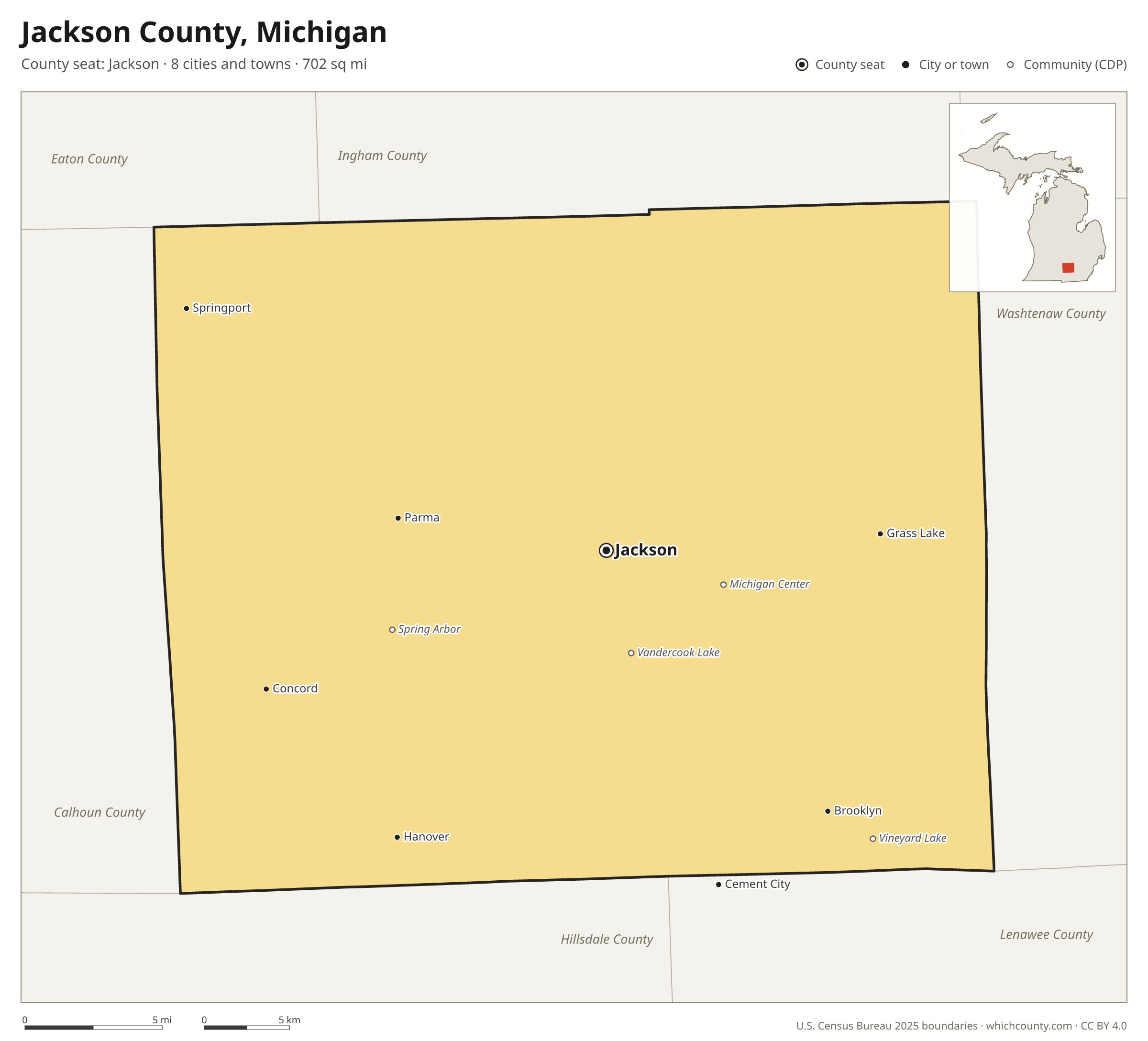 Map of Jackson County, Michigan with cities, towns and the county boundary