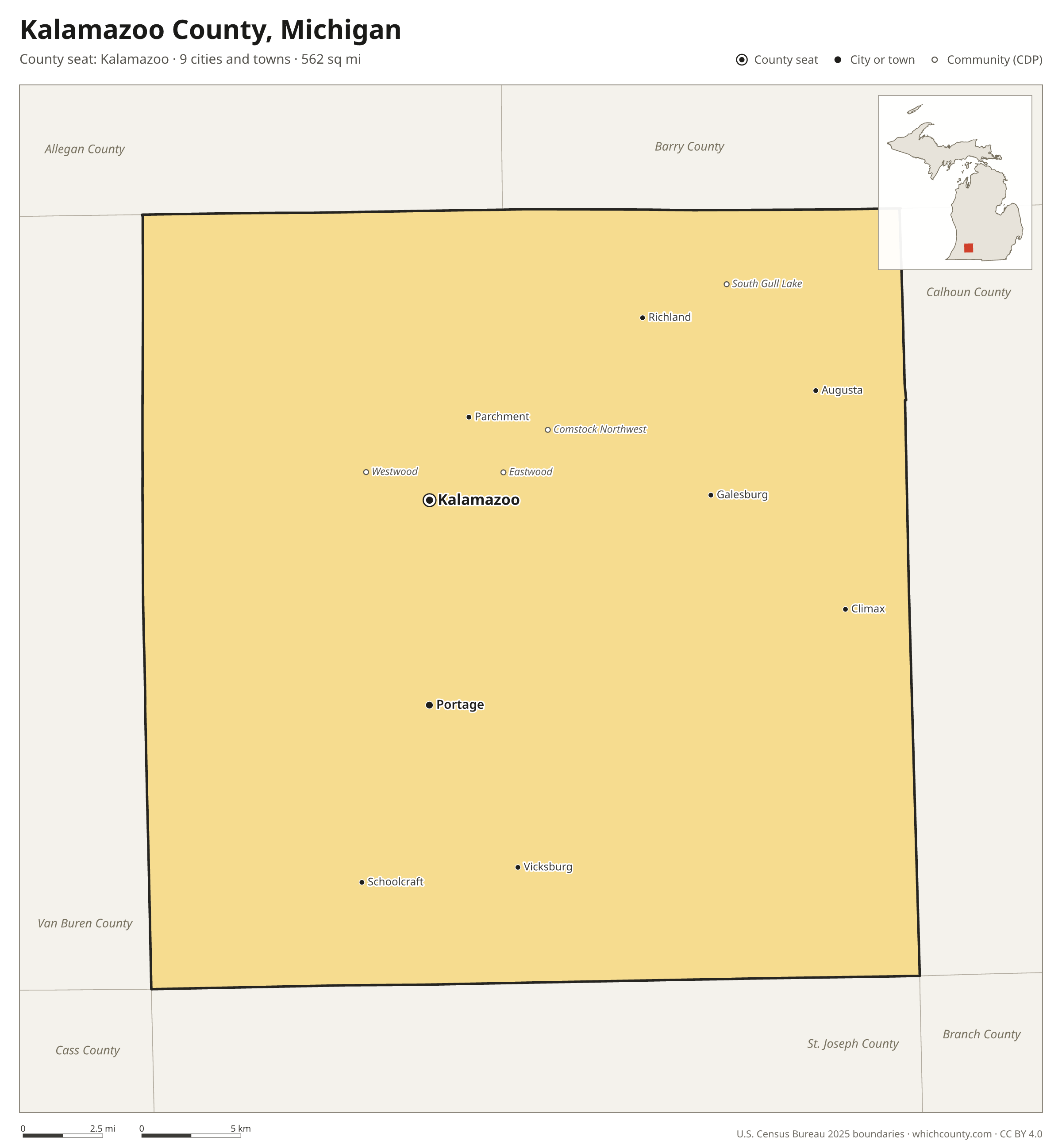 Map of Kalamazoo County, Michigan with cities, towns and the county boundary