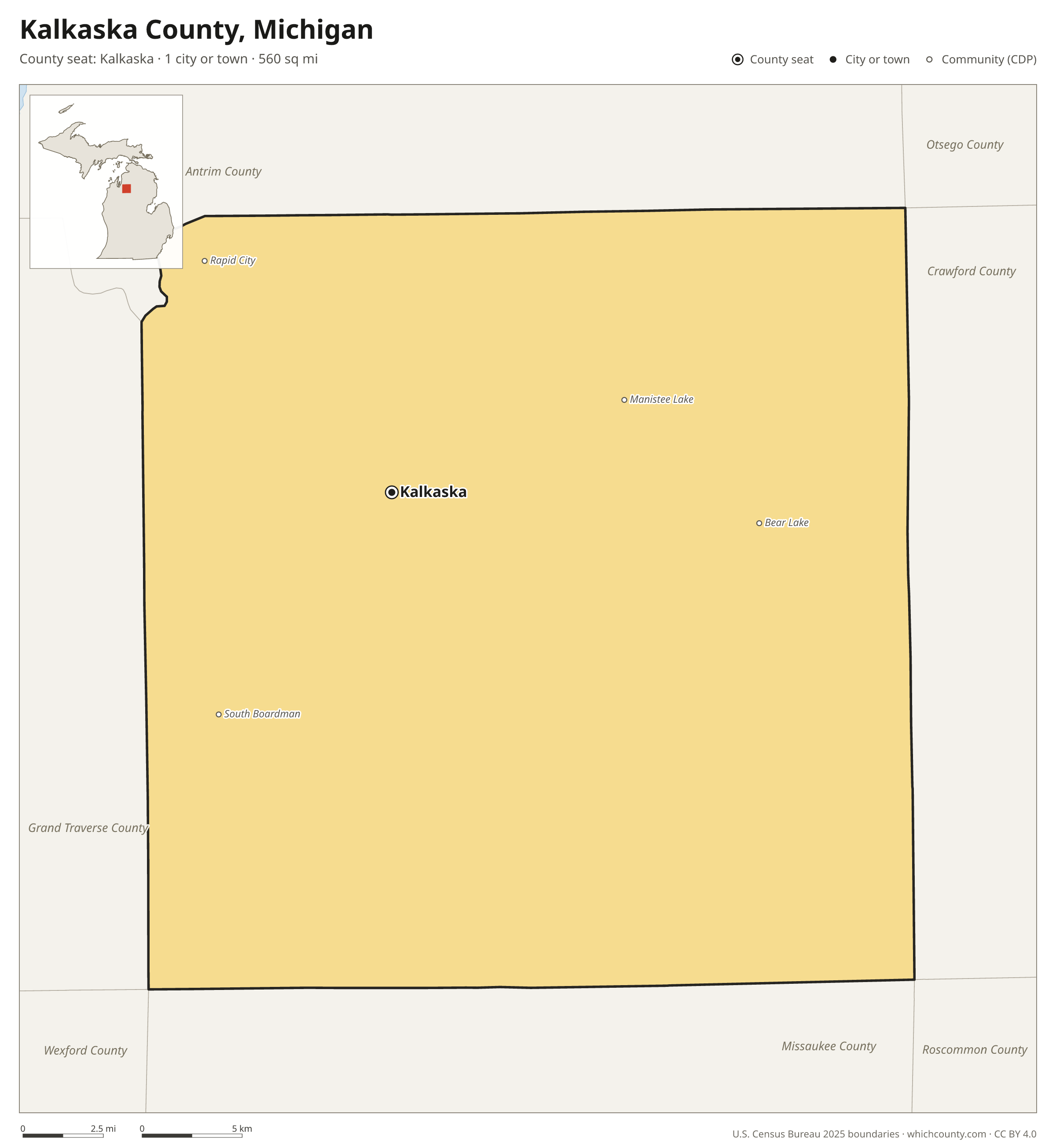 Map of Kalkaska County, Michigan with cities, towns and the county boundary