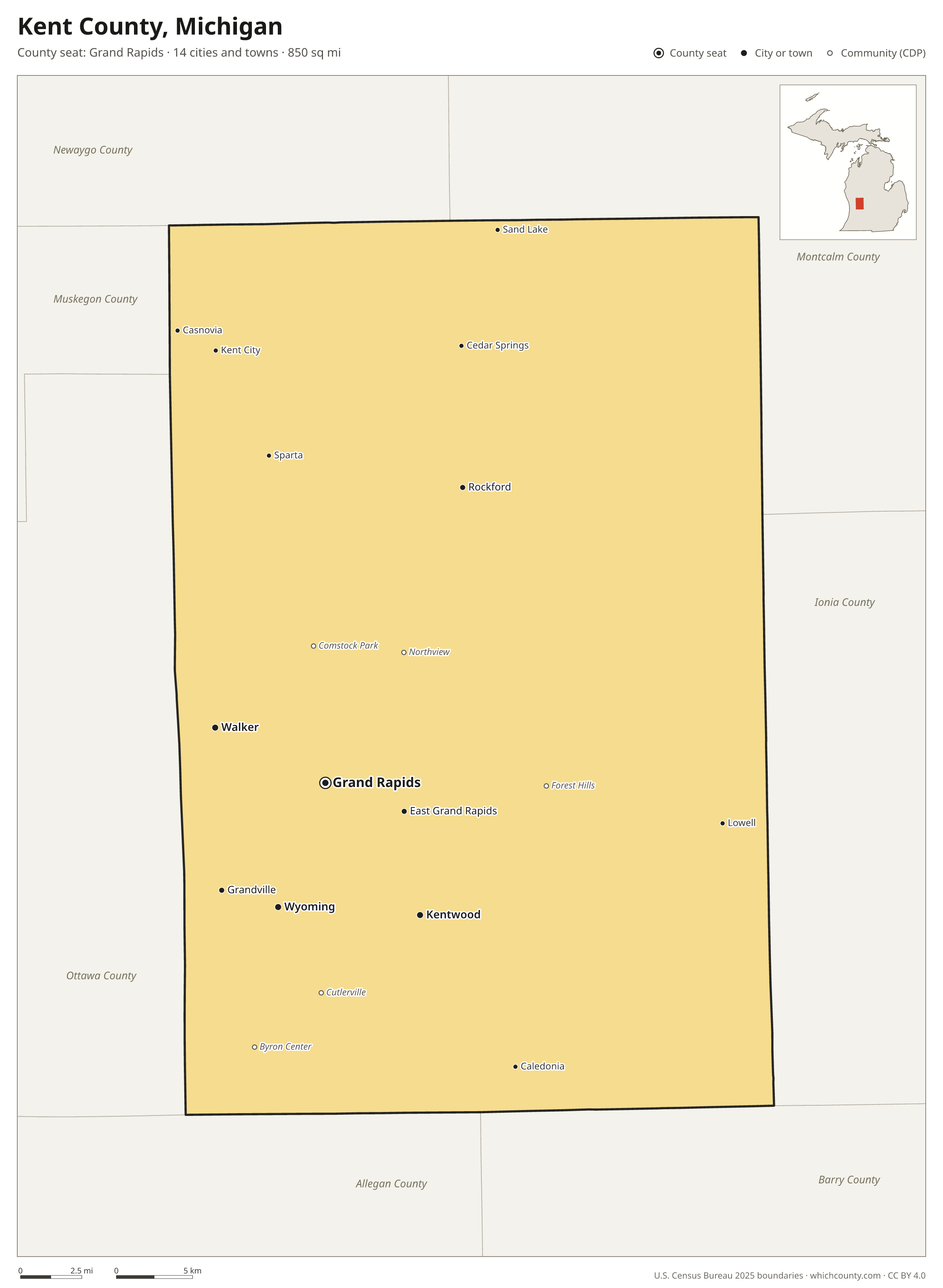 Map of Kent County, Michigan with cities, towns and the county boundary