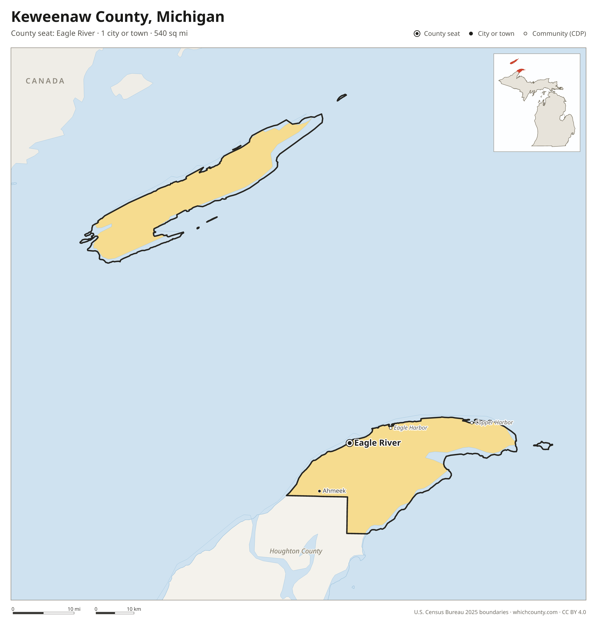 Map of Keweenaw County, Michigan with cities, towns and the county boundary