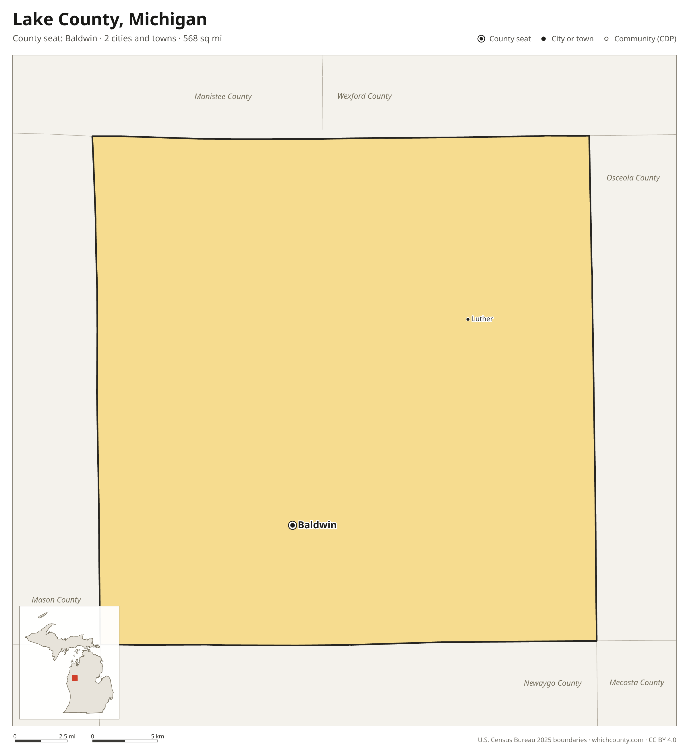 Map of Lake County, Michigan with cities, towns and the county boundary