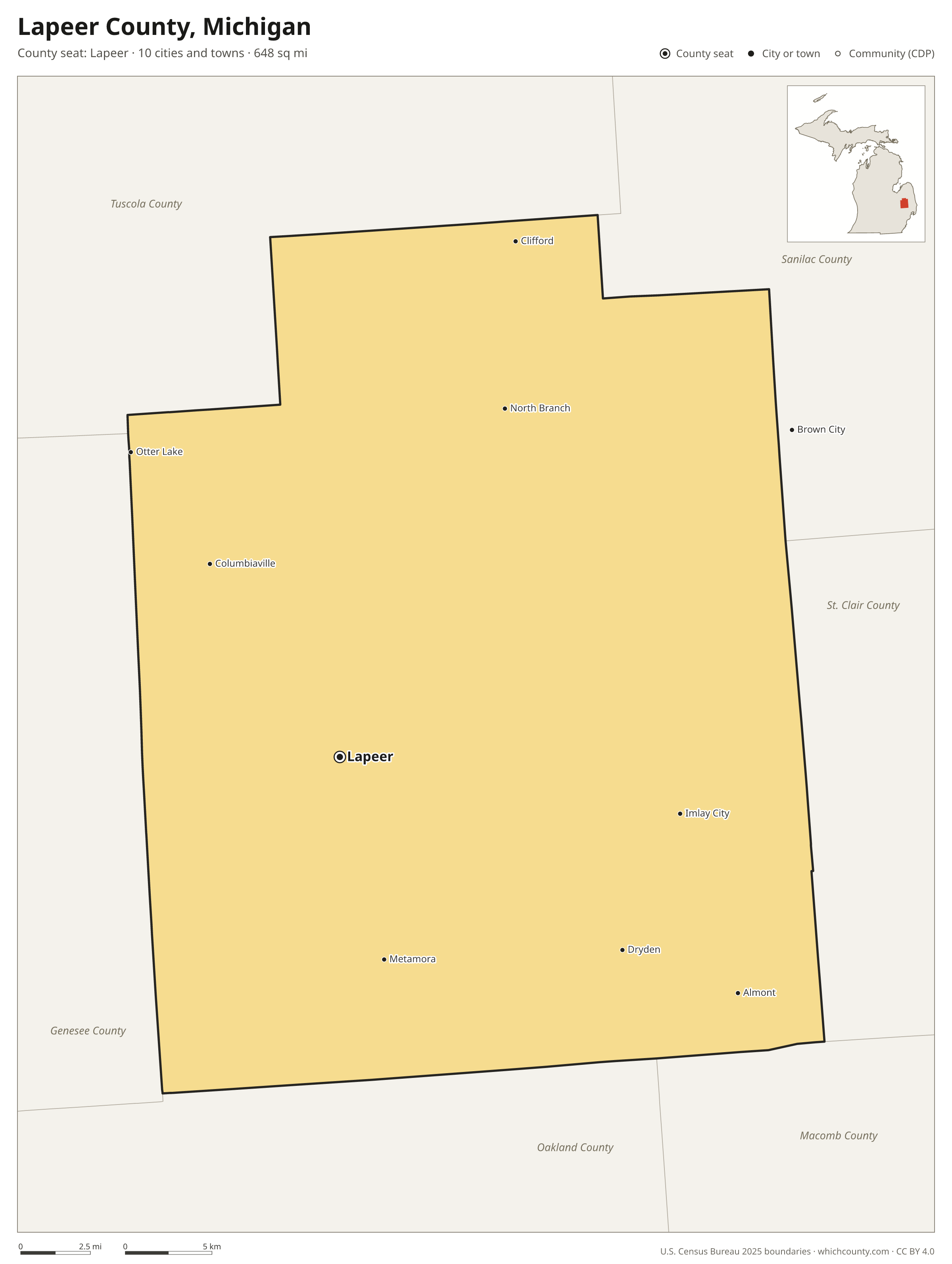 Map of Lapeer County, Michigan with cities, towns and the county boundary
