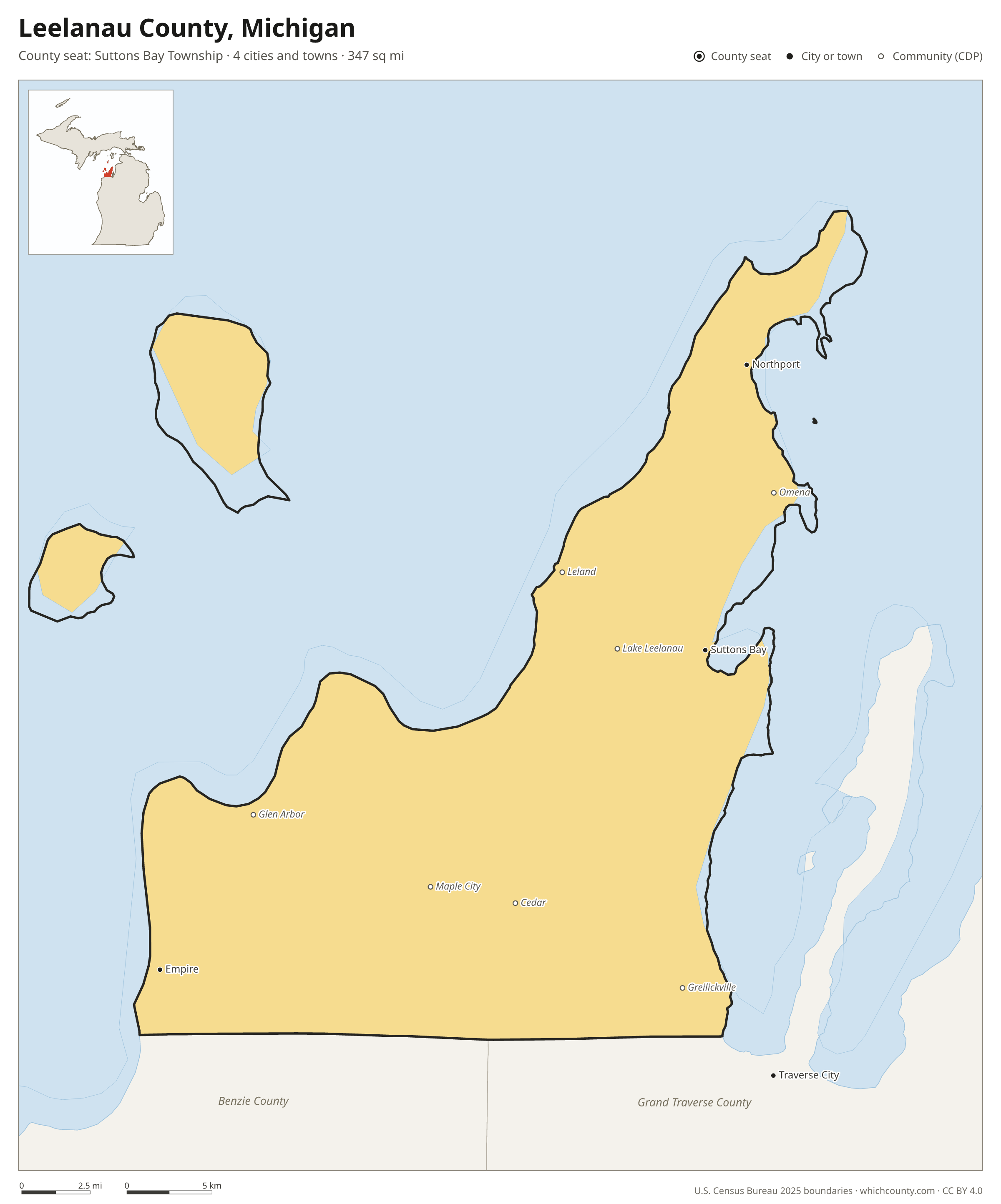 Map of Leelanau County, Michigan with cities, towns and the county boundary