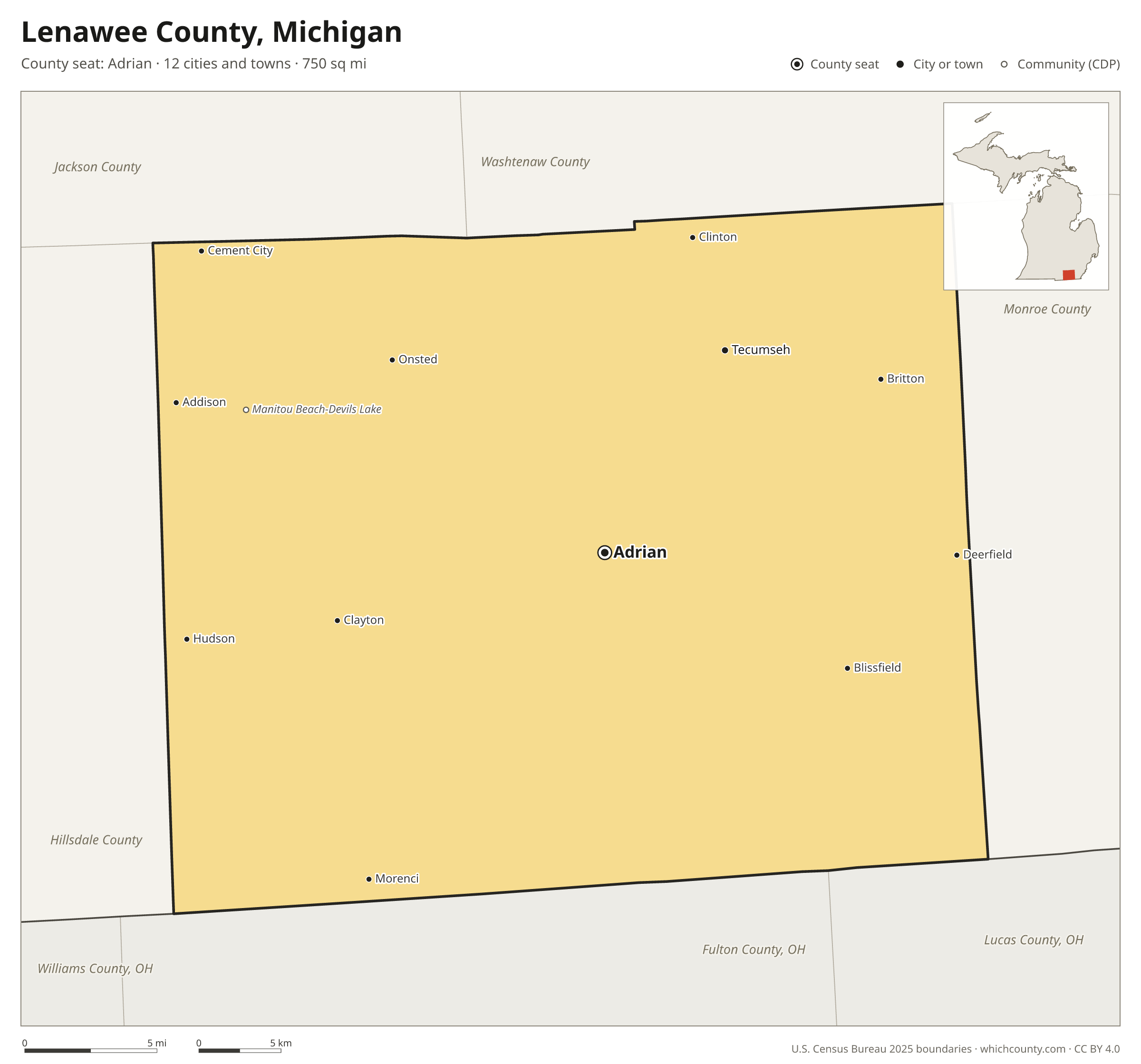 Map of Lenawee County, Michigan with cities, towns and the county boundary