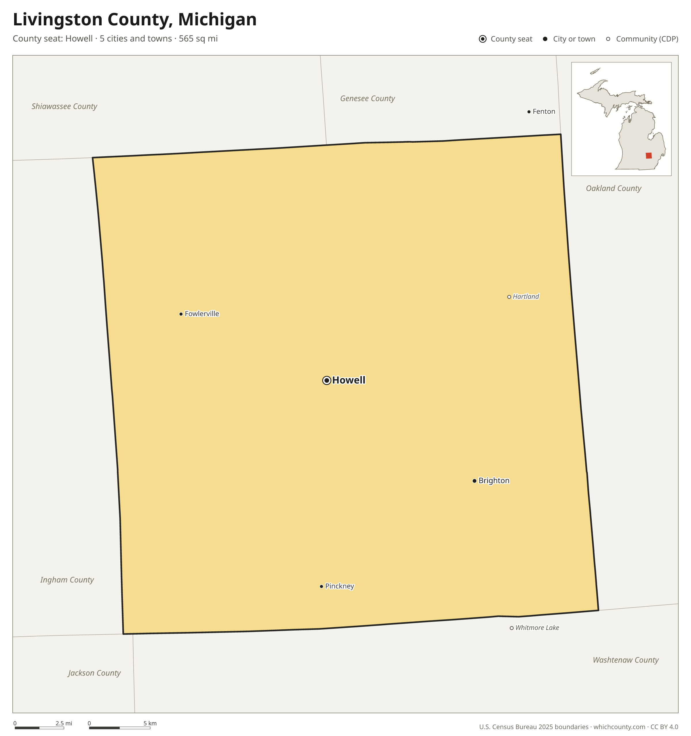 Map of Livingston County, Michigan with cities, towns and the county boundary