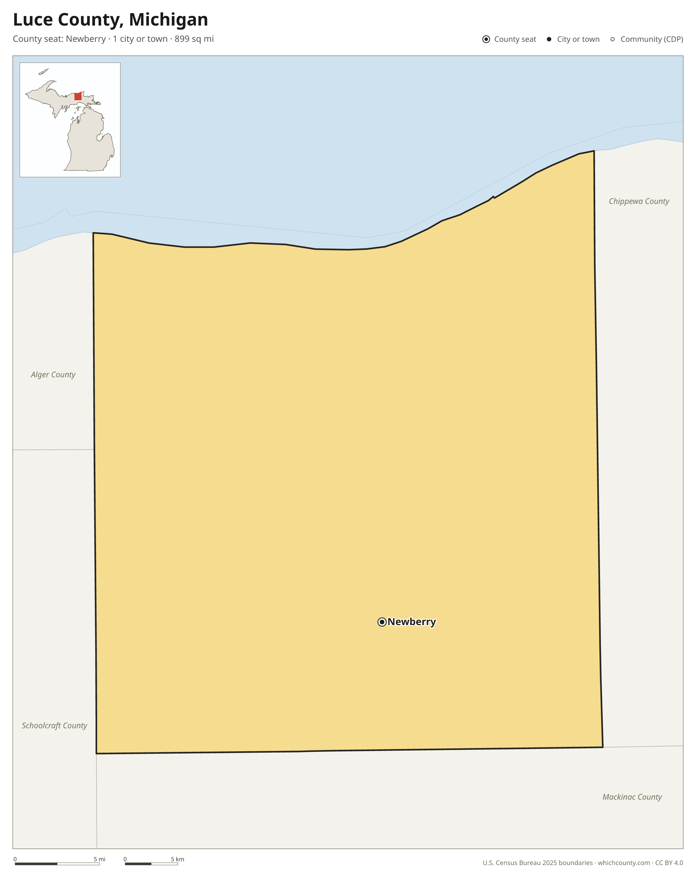 Map of Luce County, Michigan with cities, towns and the county boundary