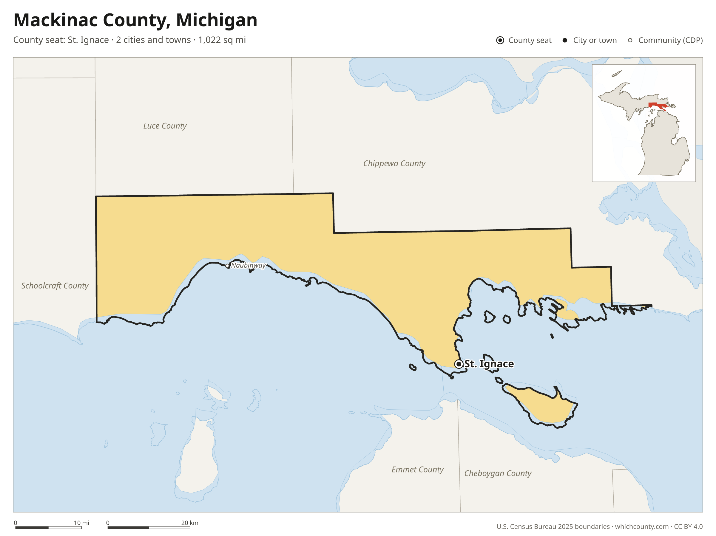 Map of Mackinac County, Michigan with cities, towns and the county boundary