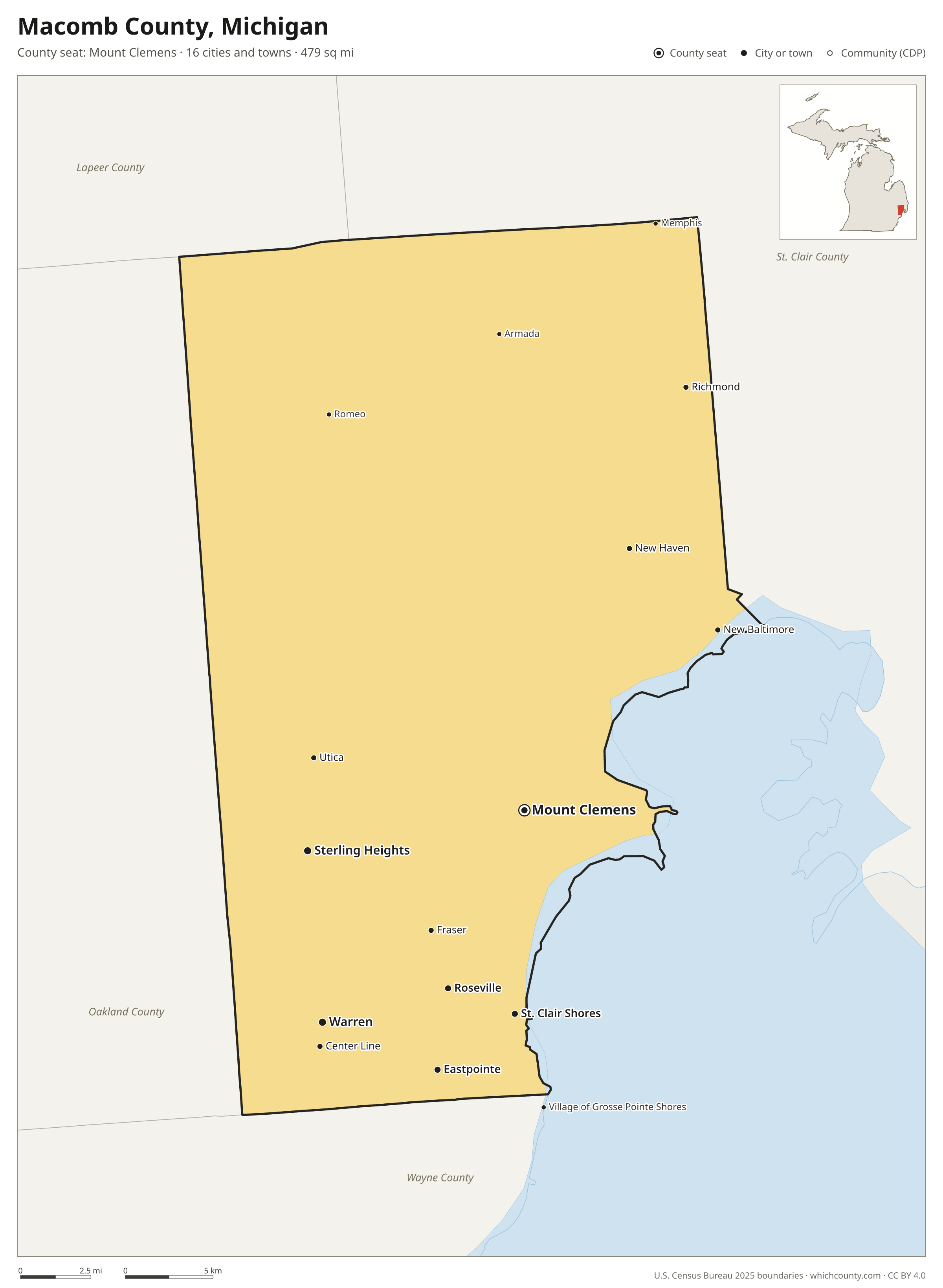 Map of Macomb County, Michigan with cities, towns and the county boundary