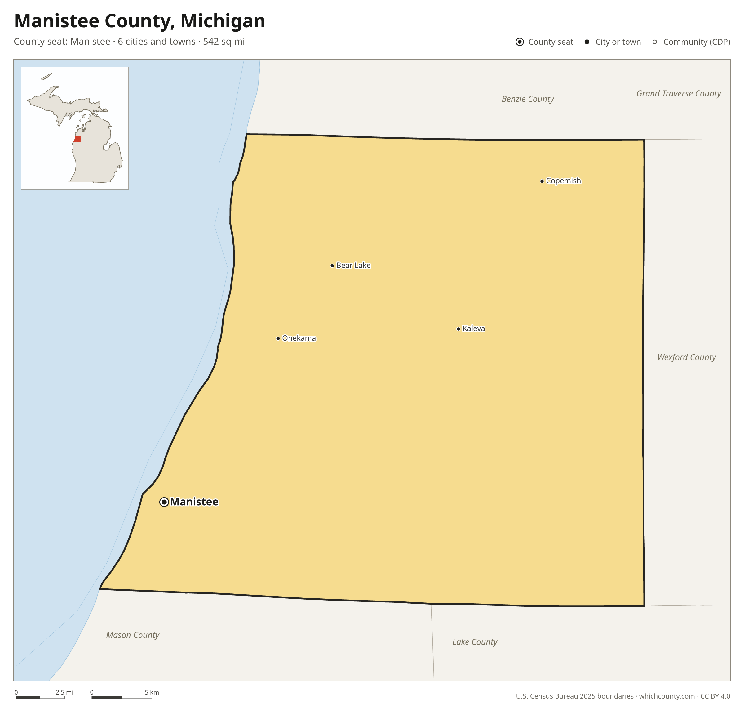 Map of Manistee County, Michigan with cities, towns and the county boundary