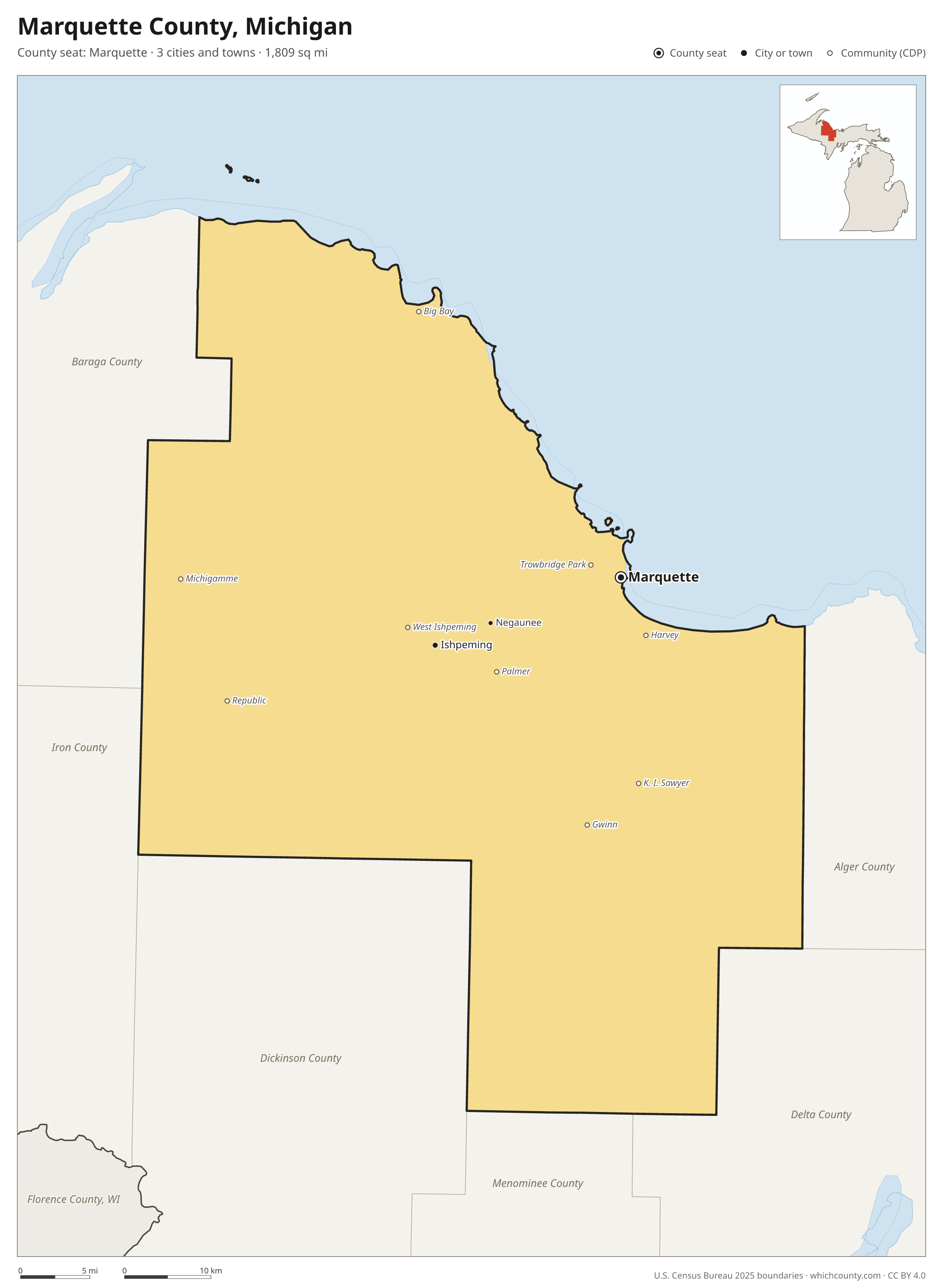 Map of Marquette County, Michigan with cities, towns and the county boundary