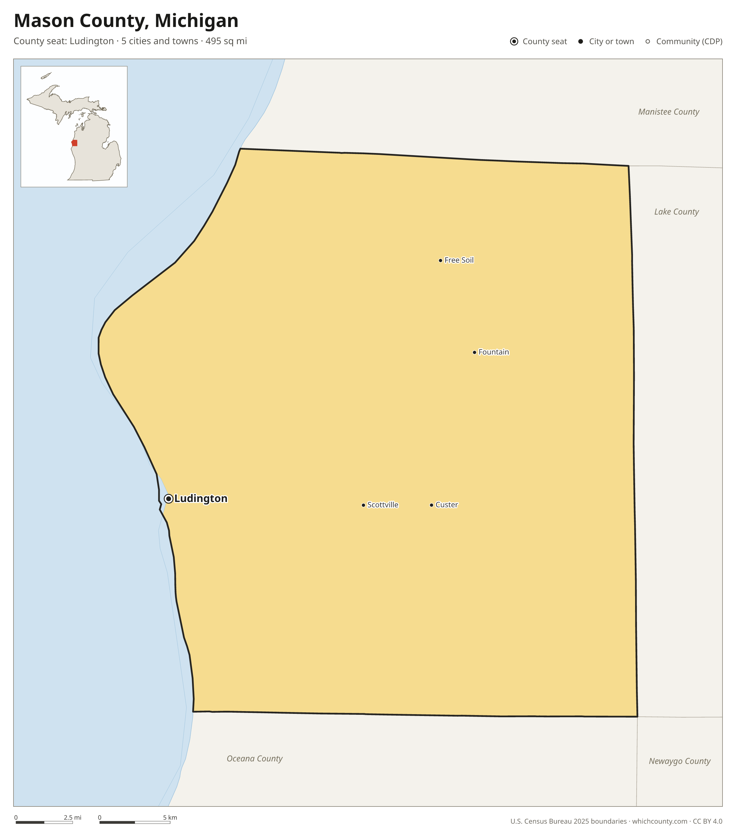 Map of Mason County, Michigan with cities, towns and the county boundary
