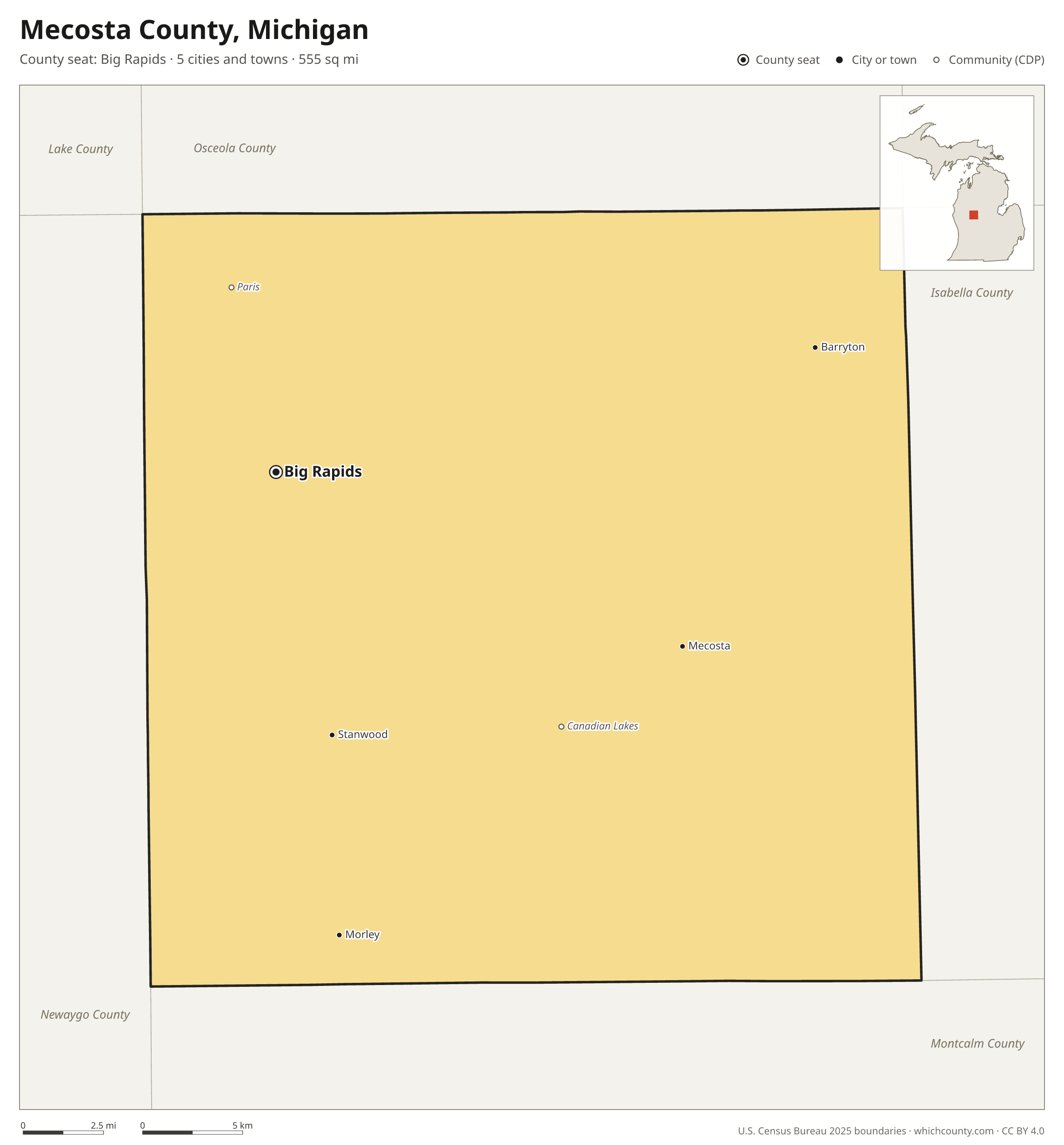Map of Mecosta County, Michigan with cities, towns and the county boundary