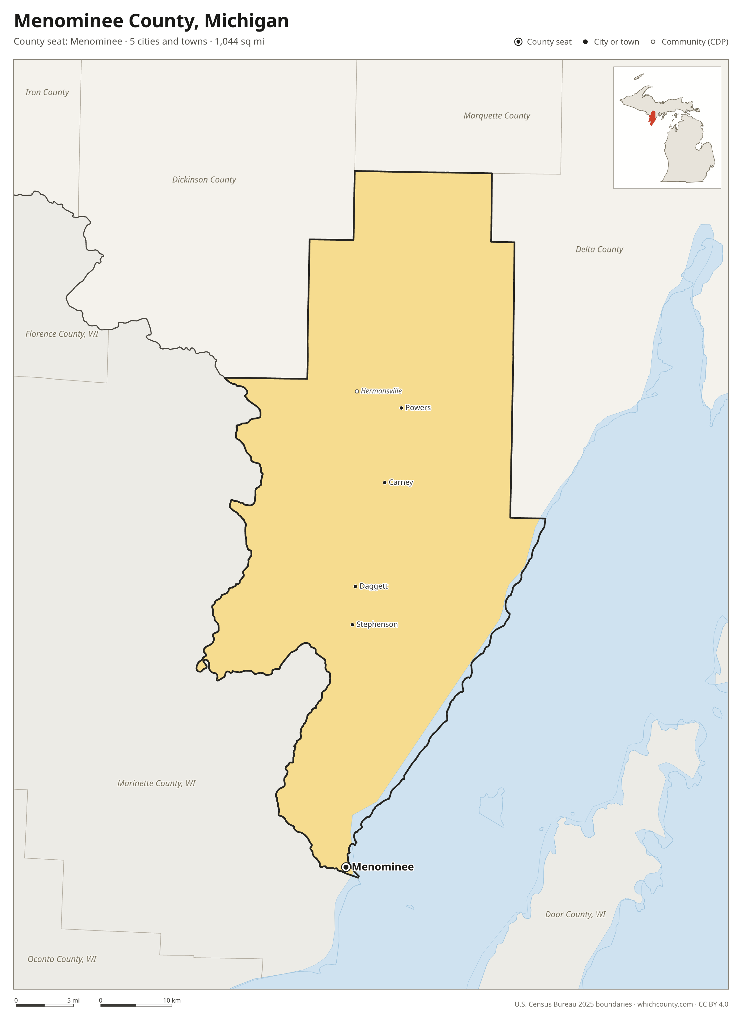 Map of Menominee County, Michigan with cities, towns and the county boundary