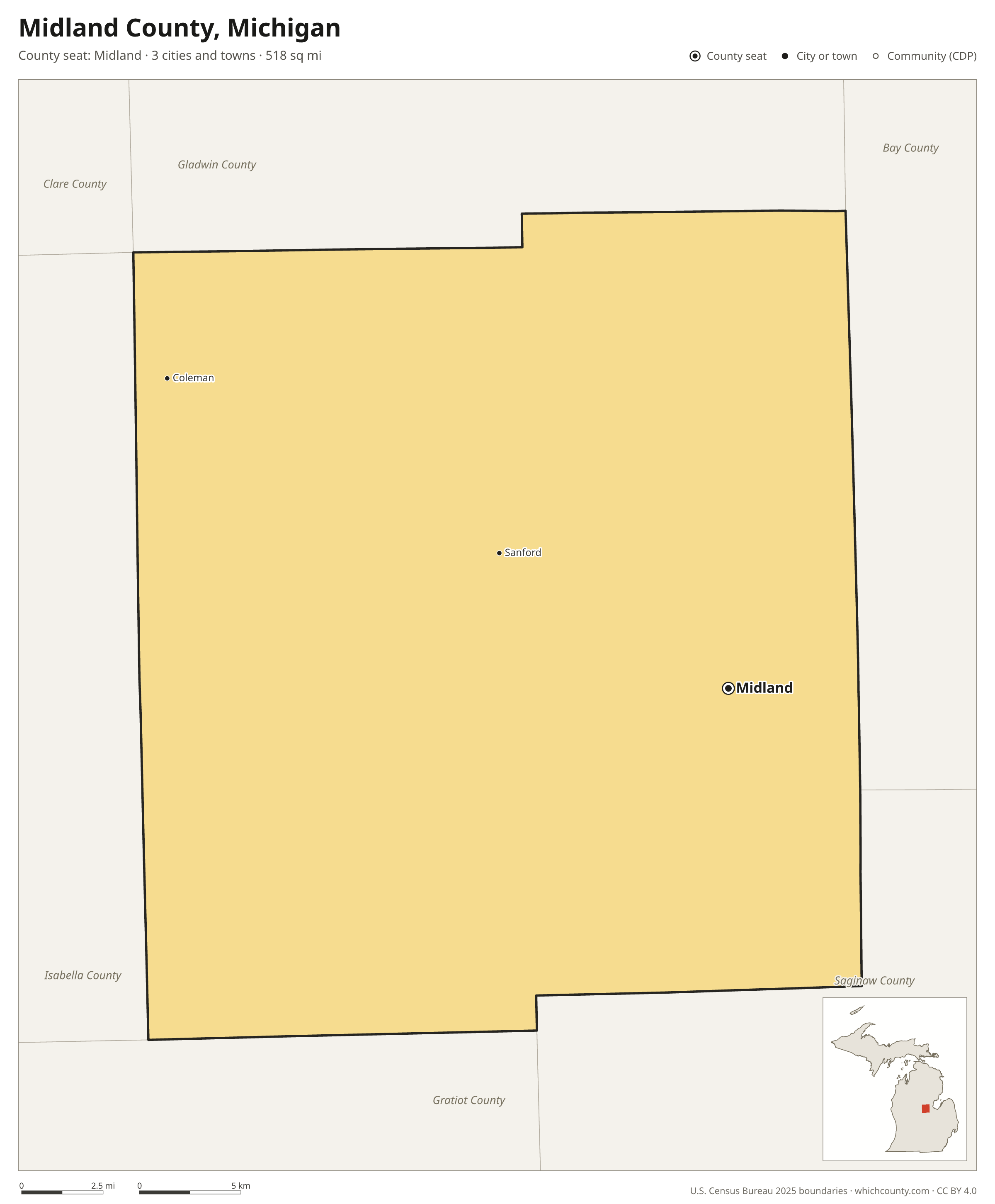 Map of Midland County, Michigan with cities, towns and the county boundary