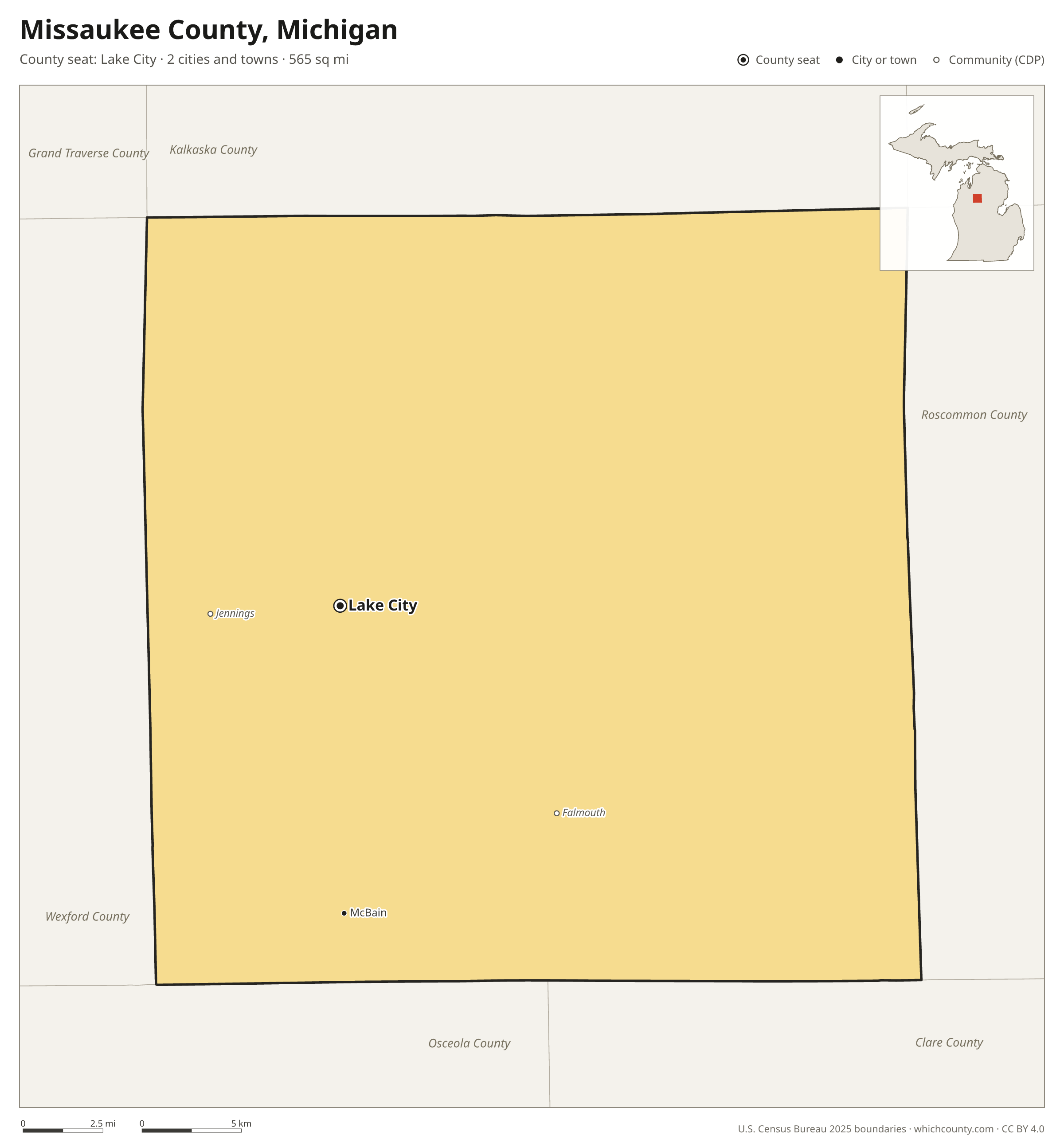 Map of Missaukee County, Michigan with cities, towns and the county boundary