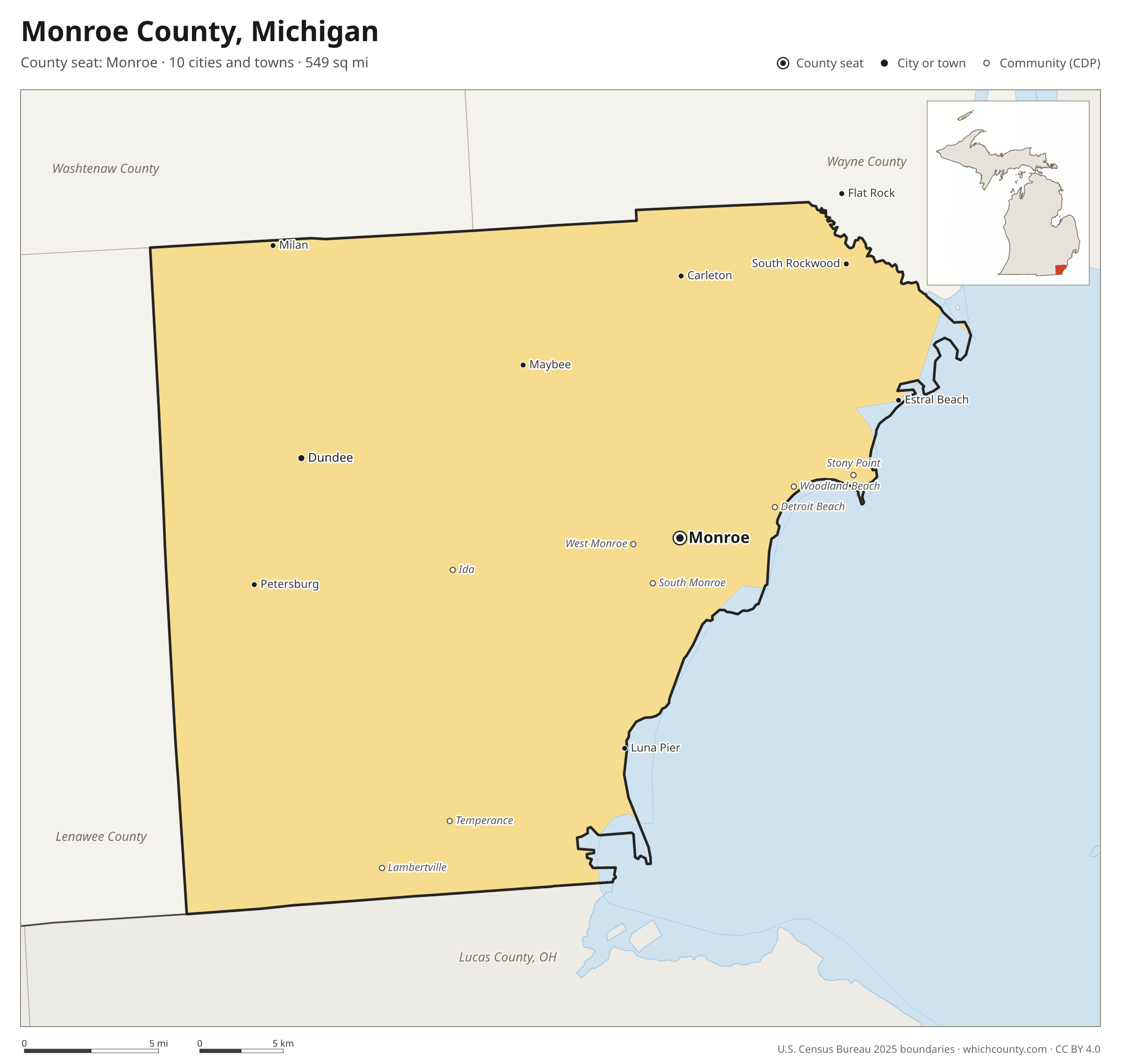 Map of Monroe County, Michigan with cities, towns and the county boundary