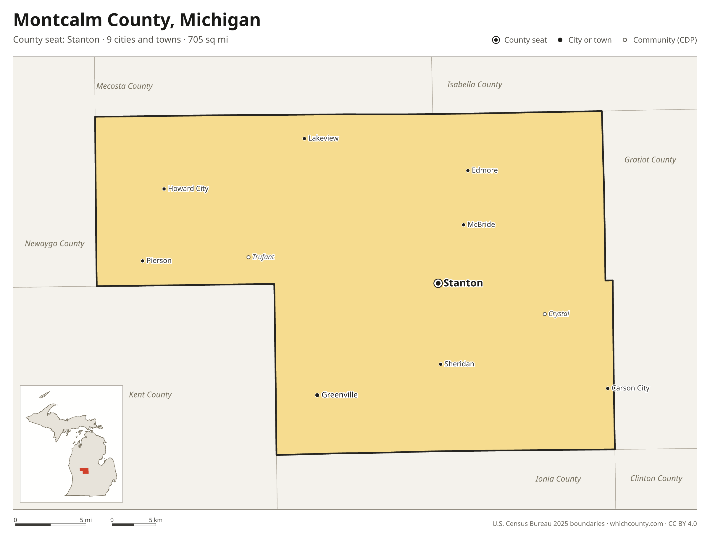 Map of Montcalm County, Michigan with cities, towns and the county boundary
