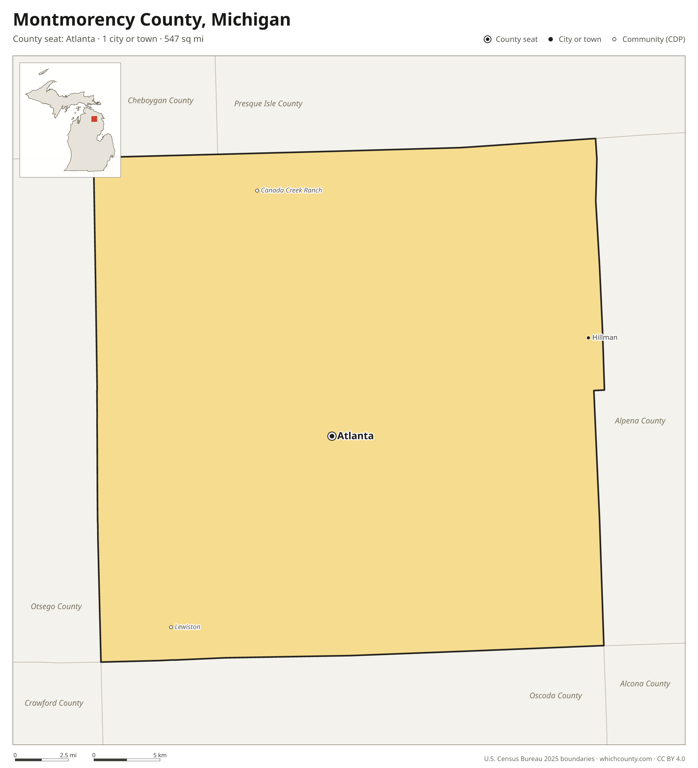 Map of Montmorency County, Michigan with cities, towns and the county boundary