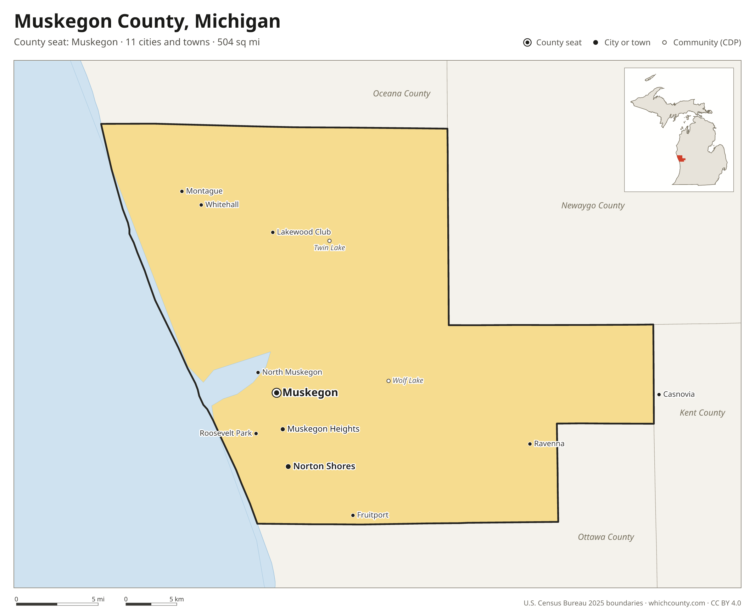 Map of Muskegon County, Michigan with cities, towns and the county boundary