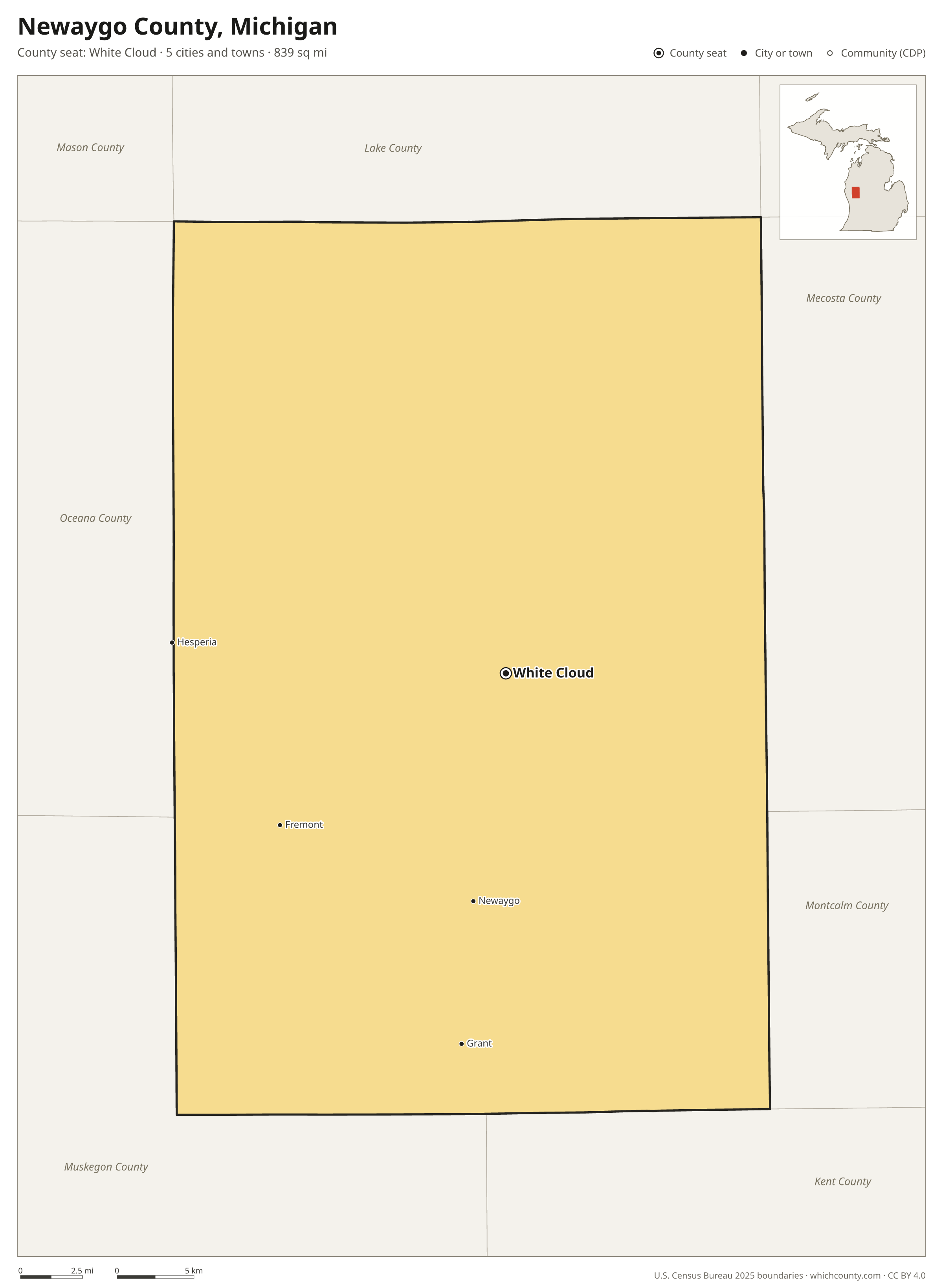 Map of Newaygo County, Michigan with cities, towns and the county boundary