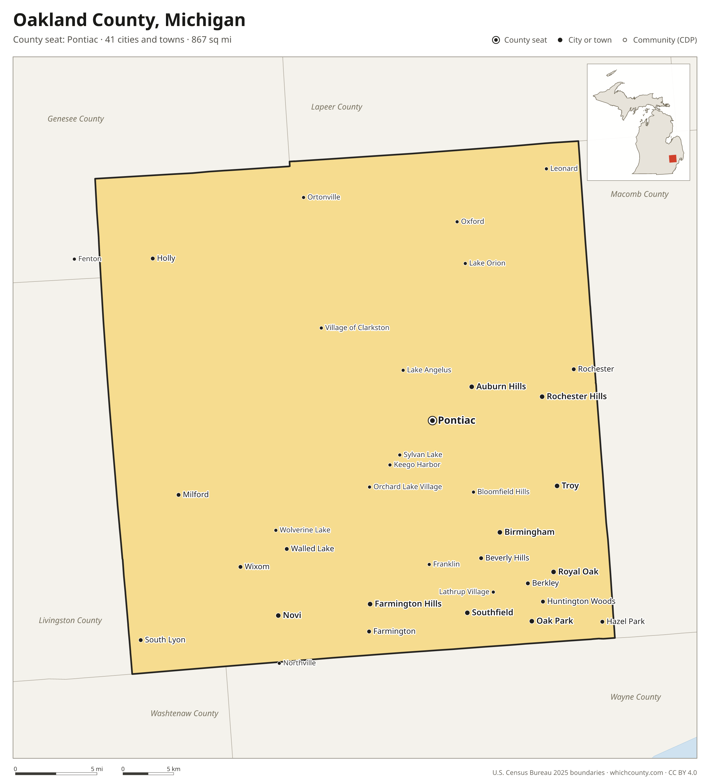 Map of Oakland County, Michigan with cities, towns and the county boundary