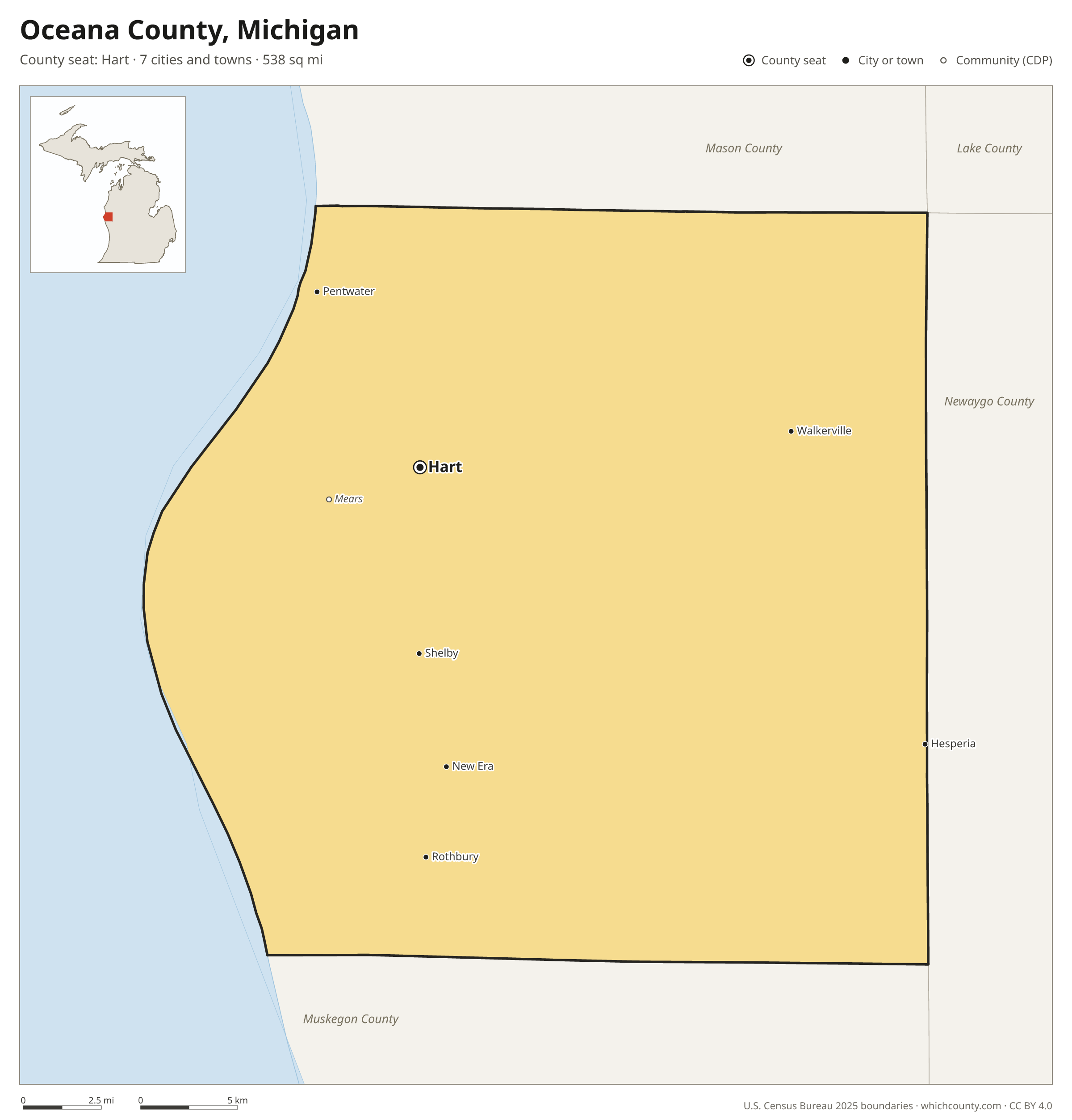 Map of Oceana County, Michigan with cities, towns and the county boundary