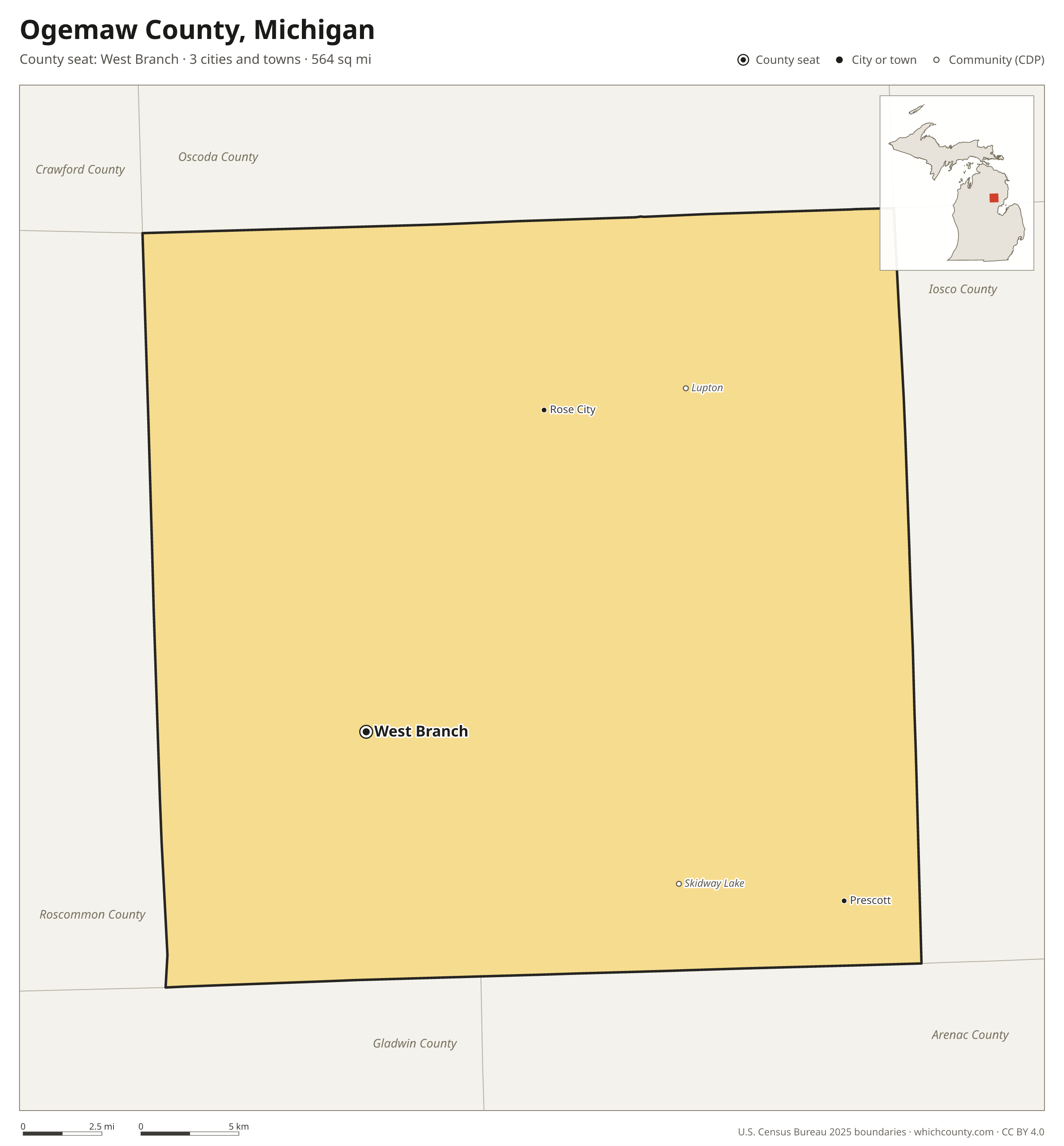 Map of Ogemaw County, Michigan with cities, towns and the county boundary