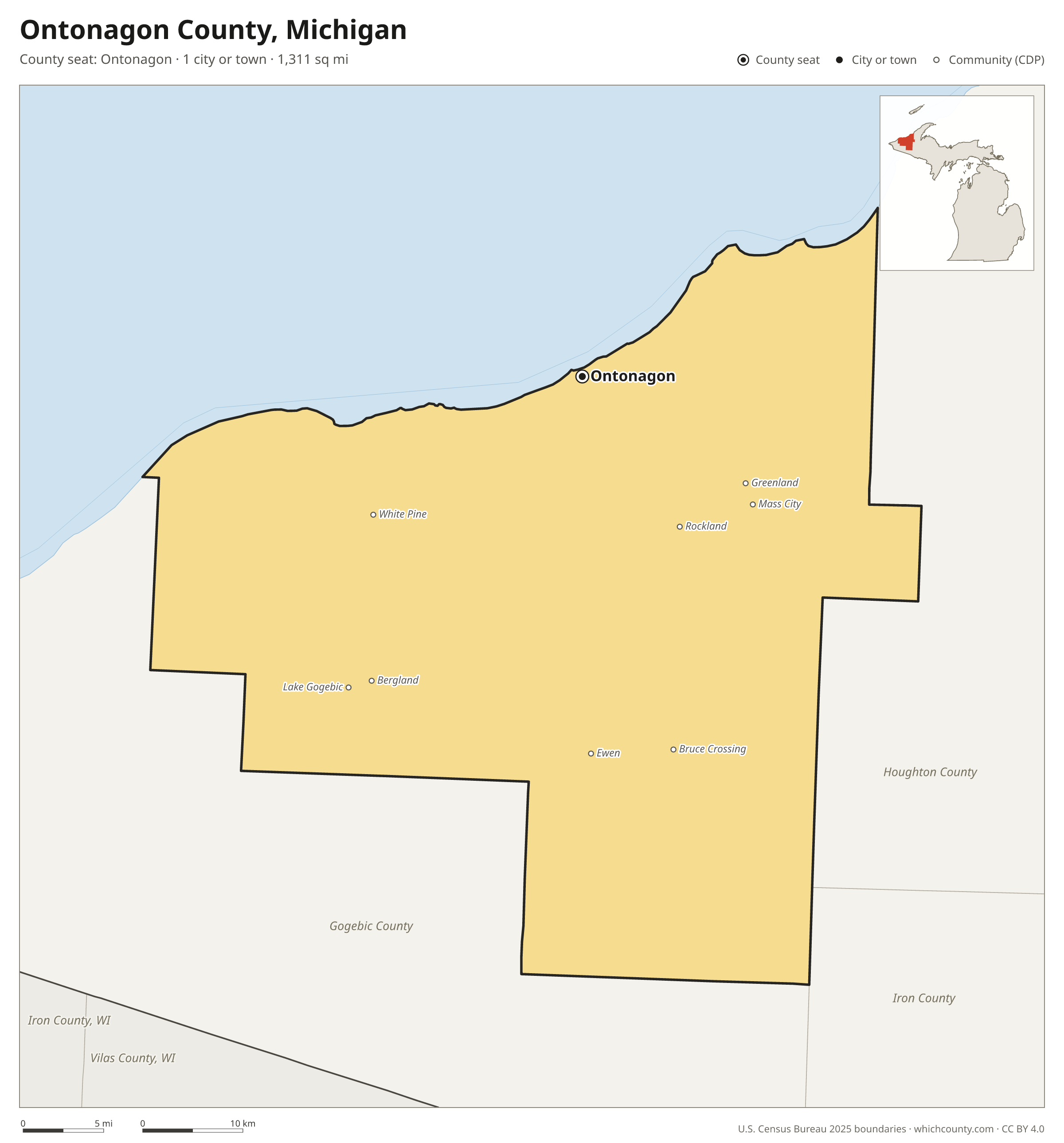 Map of Ontonagon County, Michigan with cities, towns and the county boundary