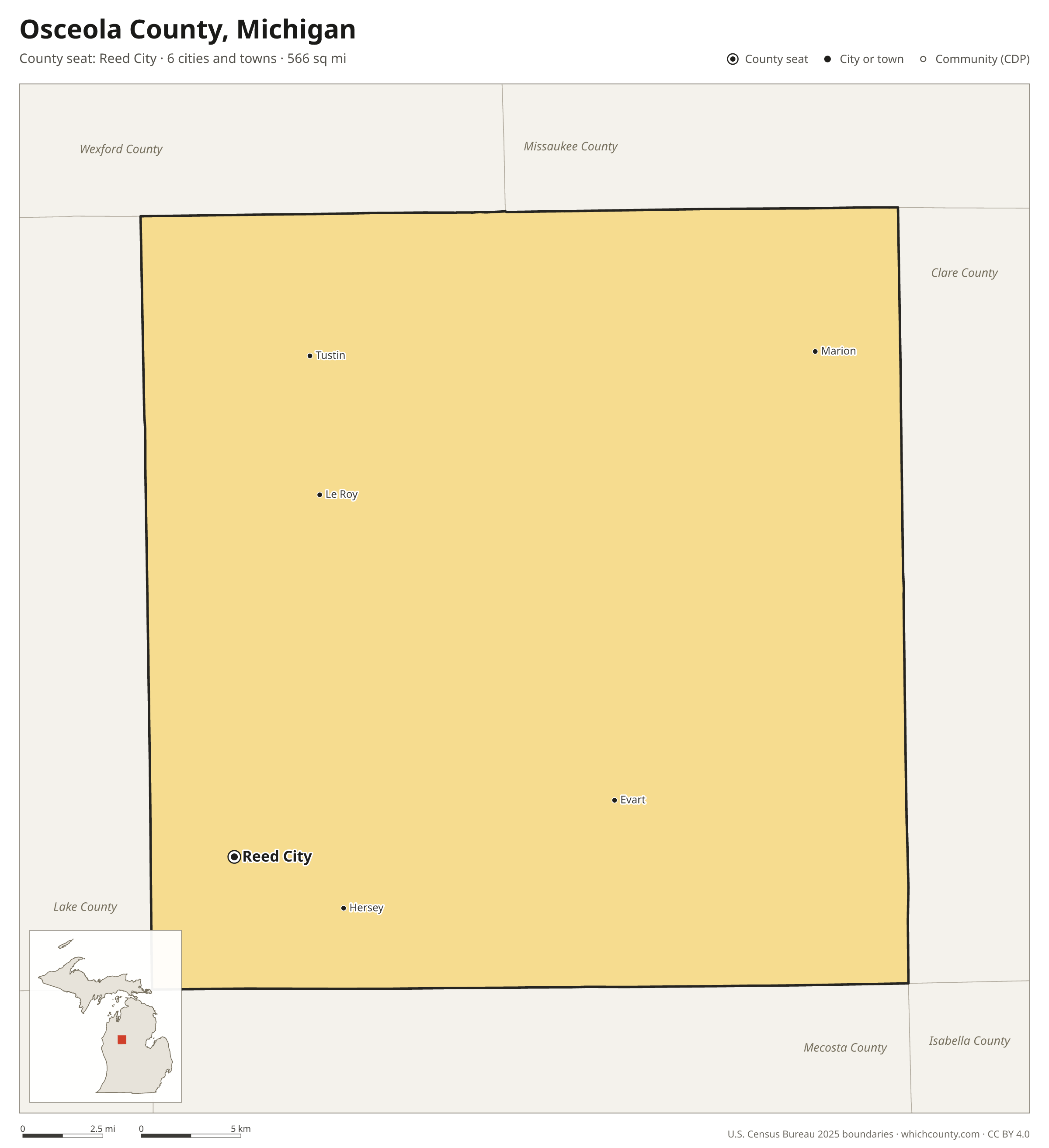 Map of Osceola County, Michigan with cities, towns and the county boundary