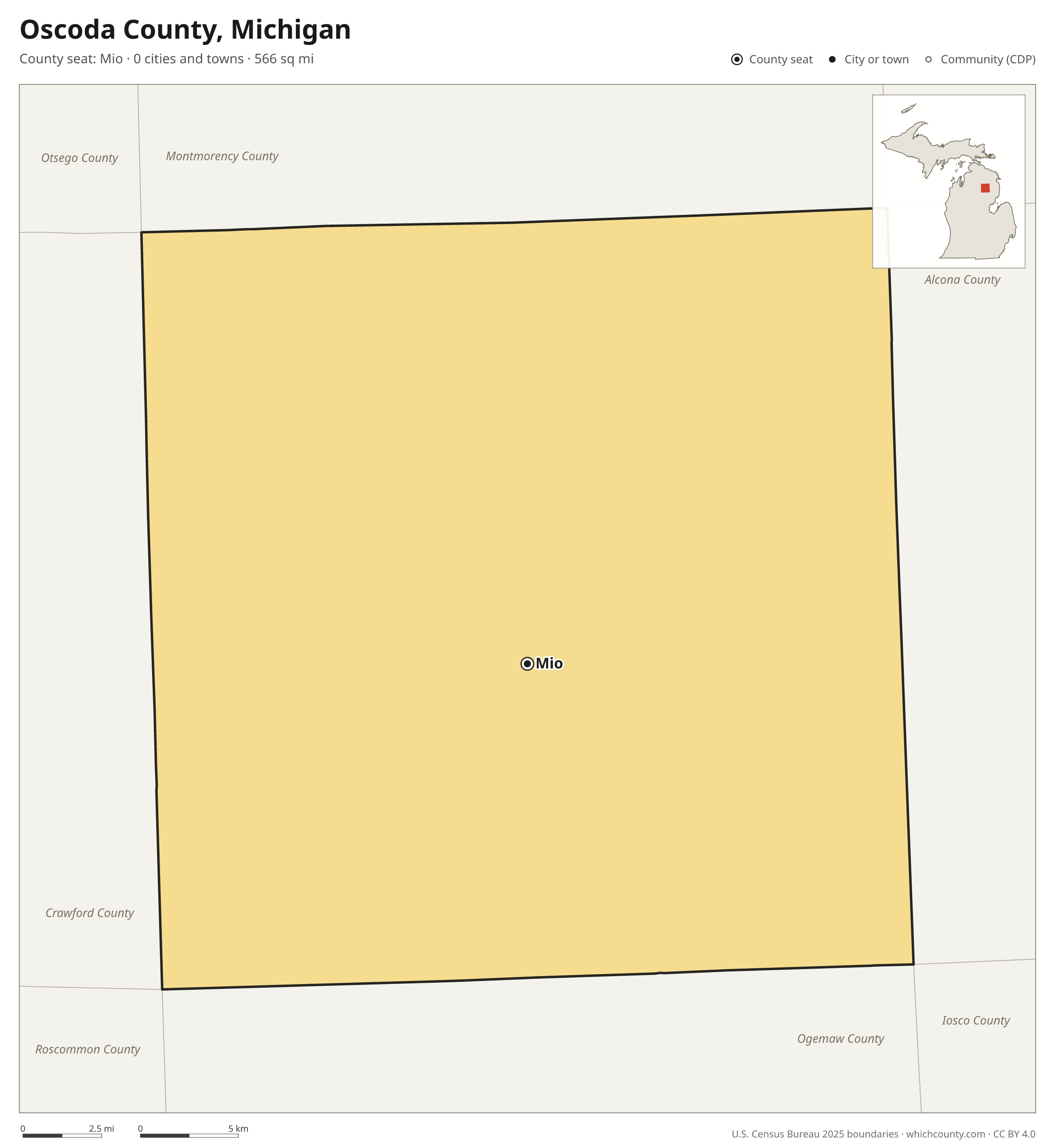 Map of Oscoda County, Michigan with cities, towns and the county boundary