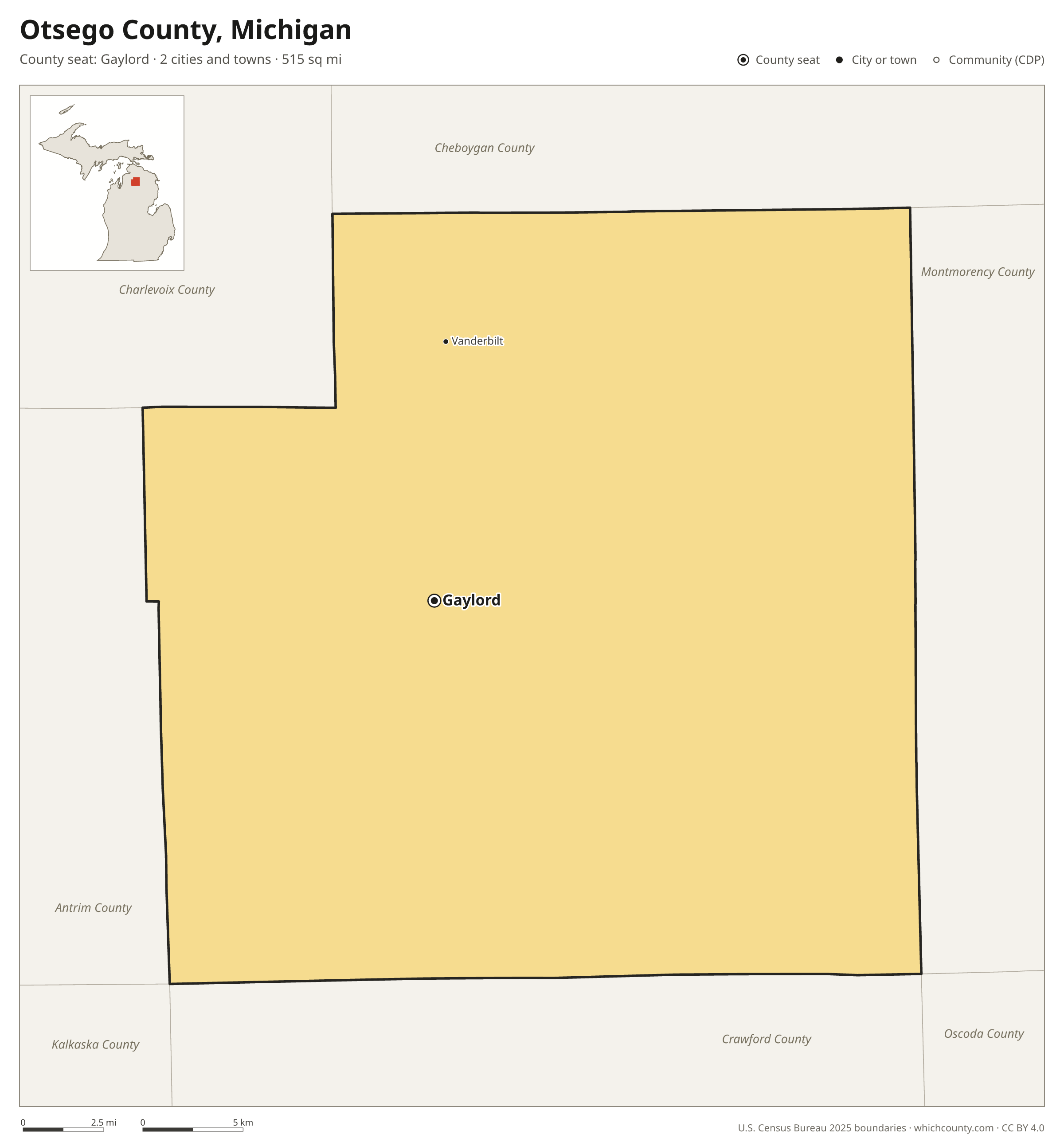 Map of Otsego County, Michigan with cities, towns and the county boundary